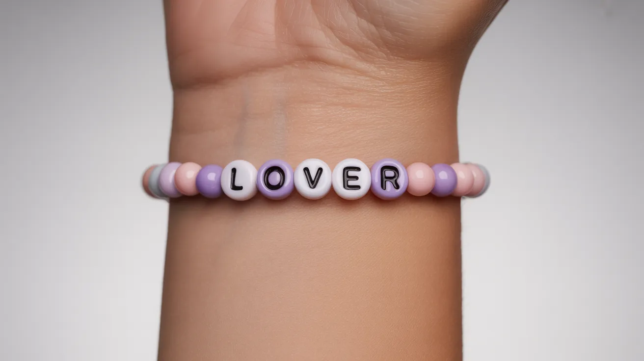 close-up of wrist with pastel pink and purple bracelet showing cube letter beads spelling LOVER in clear uppercase.