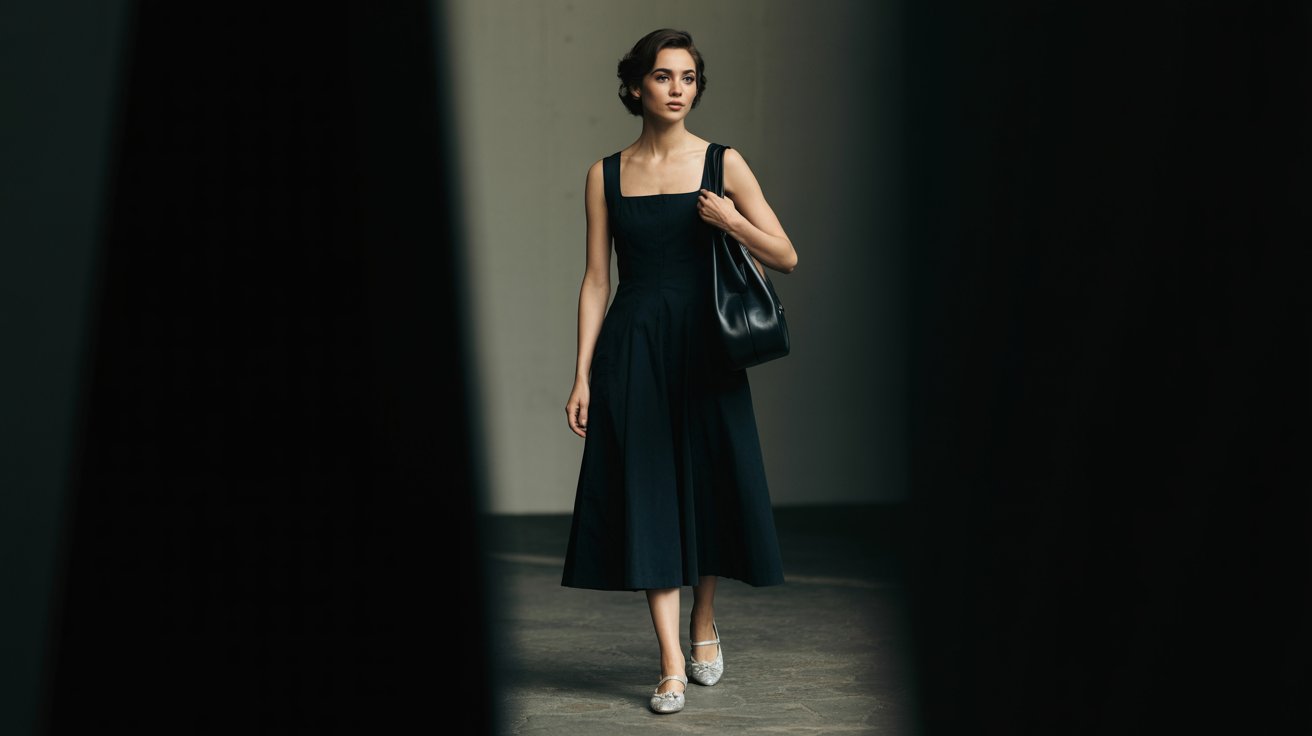 Woman wearing black square neck midi dress styled with elegant ballet flats and shoulder bag.