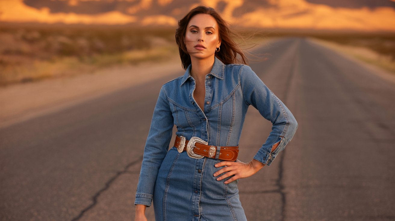 Woman in denim dress with Western statement belt on a desert road at golden hour with a confident festival fashion vibe.