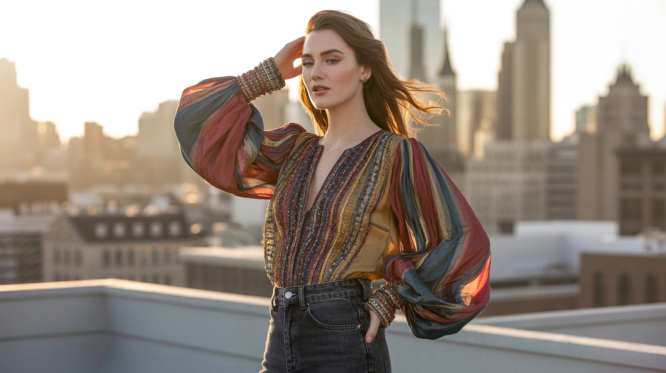 Woman in high-waist jeans and statement blouse on an urban rooftop at sunset with an effortlessly stylish fashion vibe.