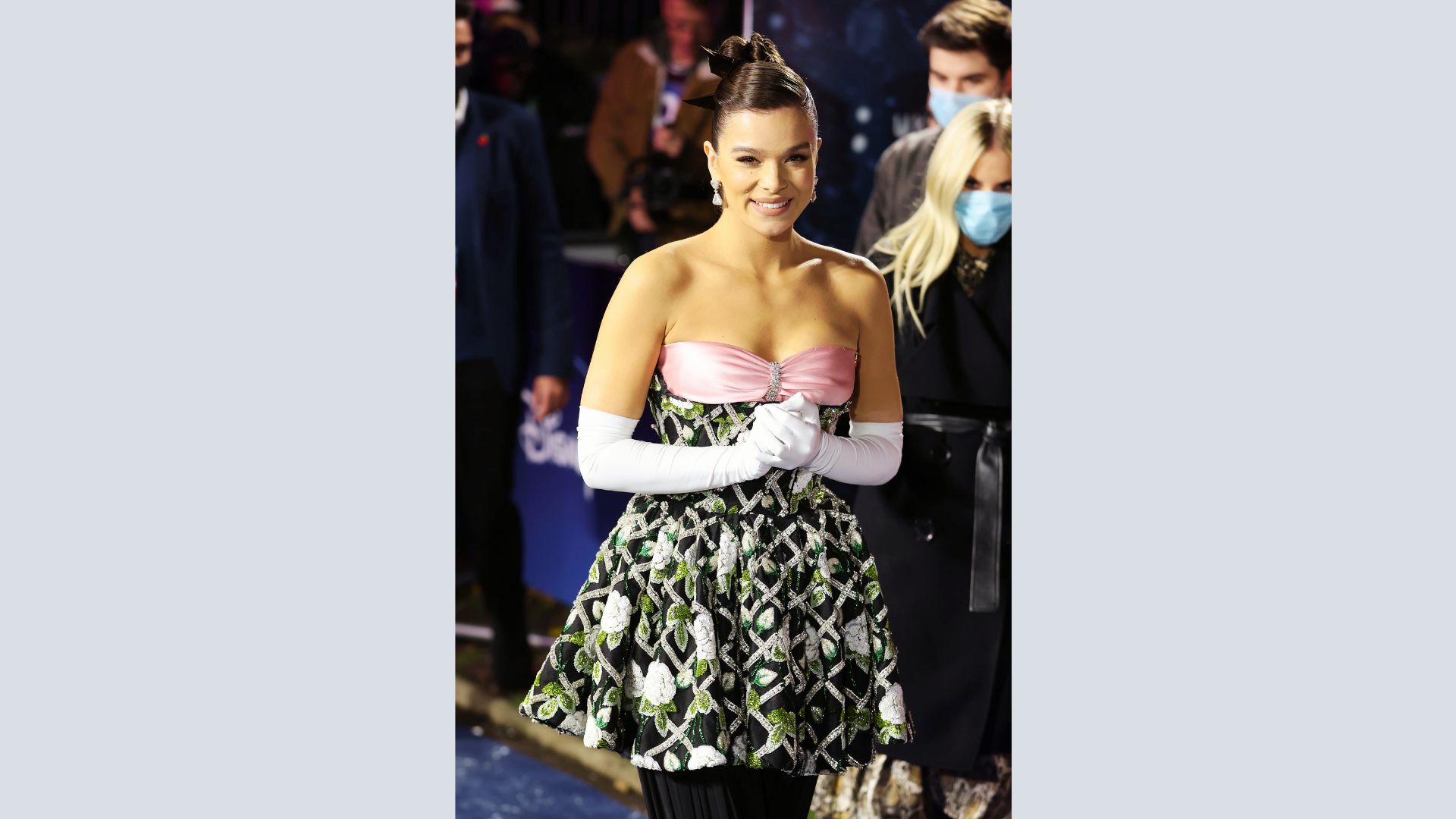 Hailee Steinfeld wearing a Richard Quinn dress at a London photocall event.