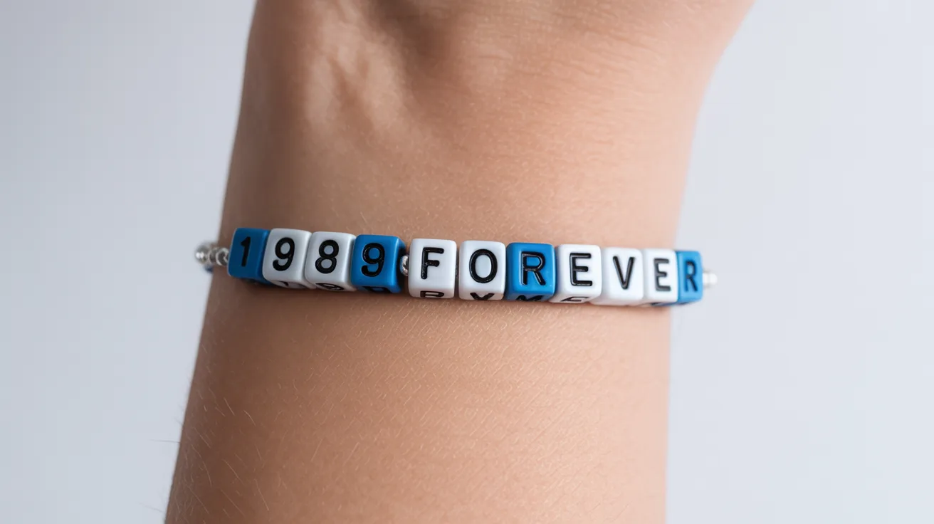 blue and white bracelet on wrist with cube beads spelling 1989 FOREVER in clean uppercase.