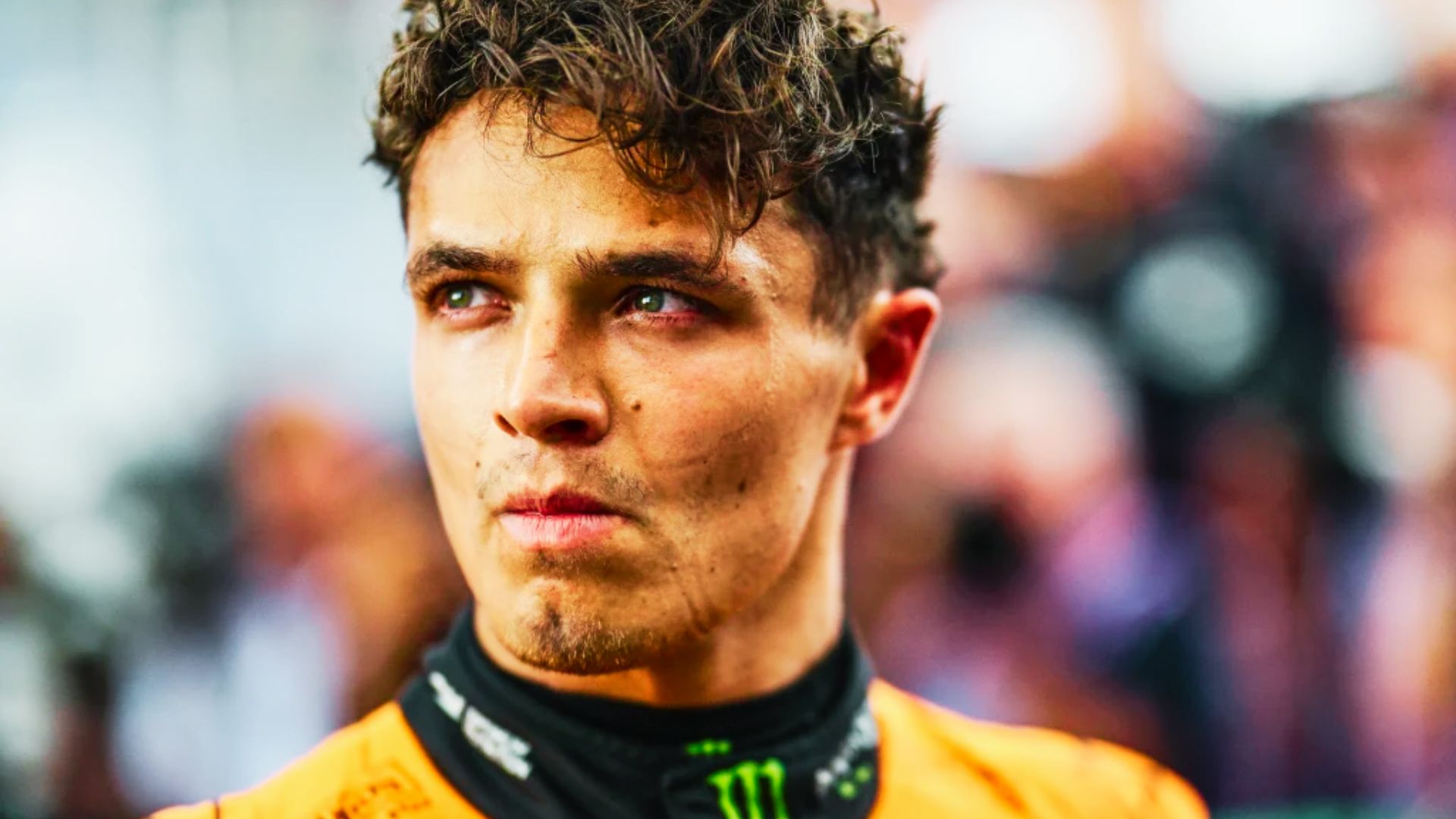 Lando Norris stares ahead with a serious expression, curls falling forward.