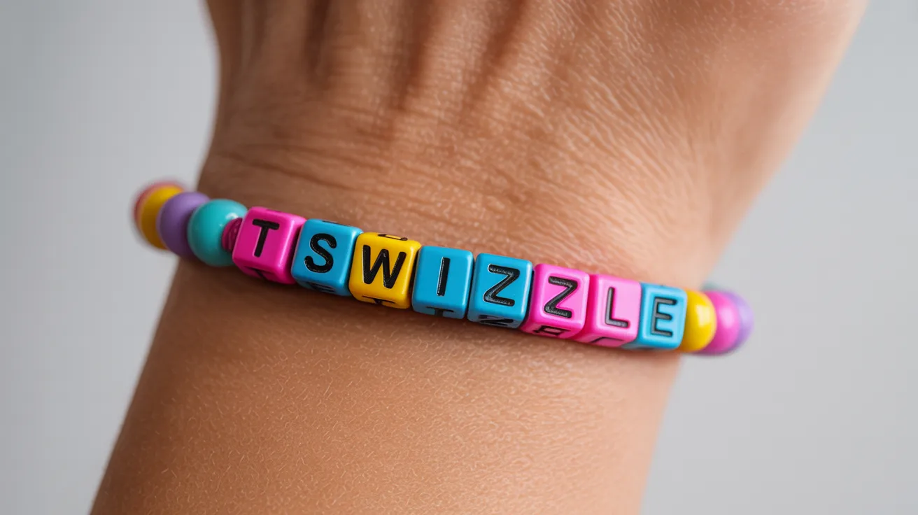 bright multicolor bracelet on wrist with cube beads spelling T SWIZZLE clearly in uppercase.