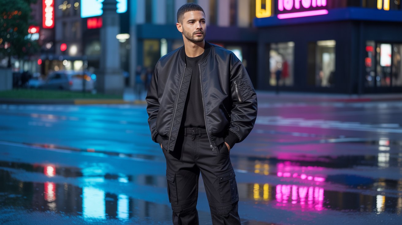 Man in monochrome black streetwear concert outfit in a neon-lit city setting with a sleek bold urban fashion vibe.