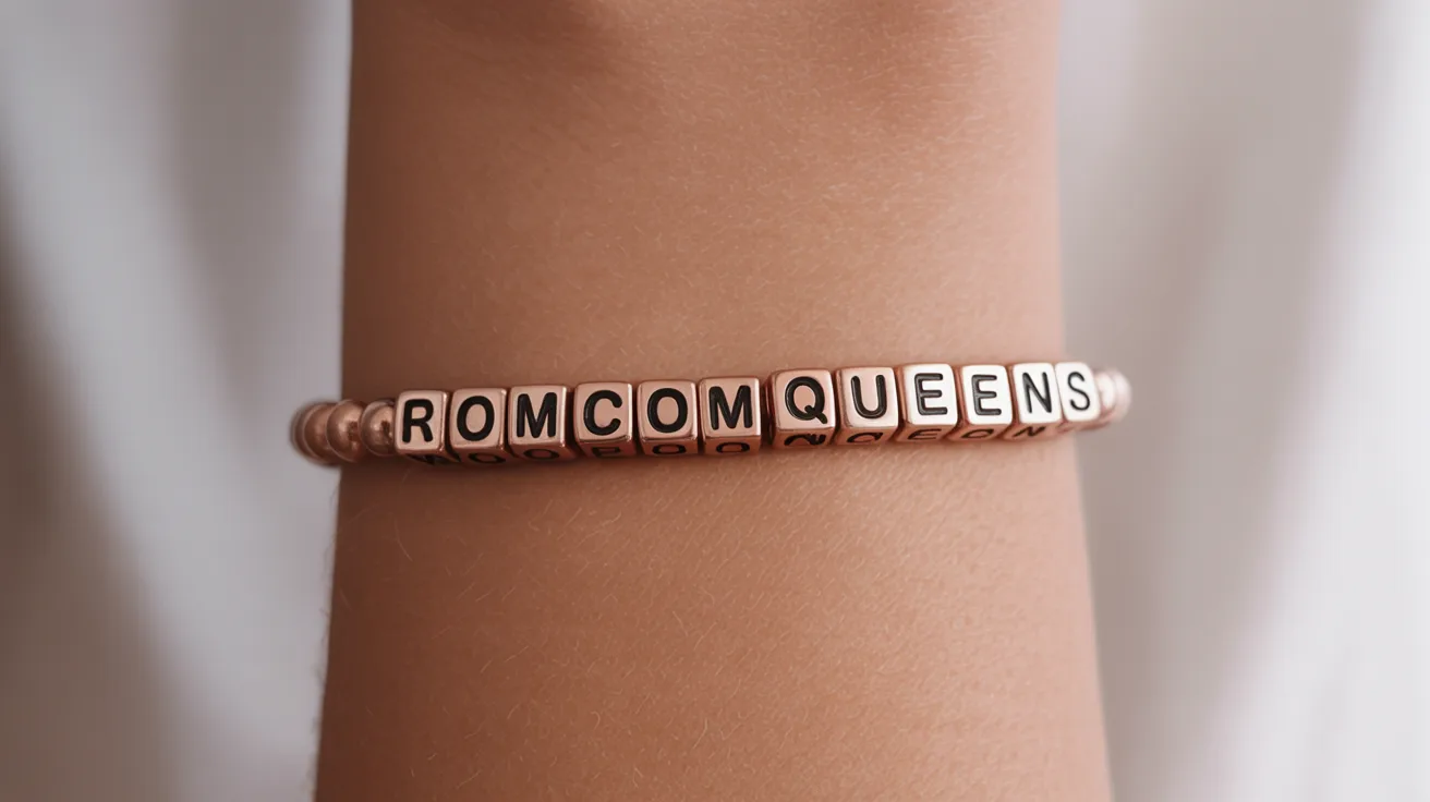 pink and gold bracelet on wrist with cube beads spelling ROM COM QUEENS clearly.