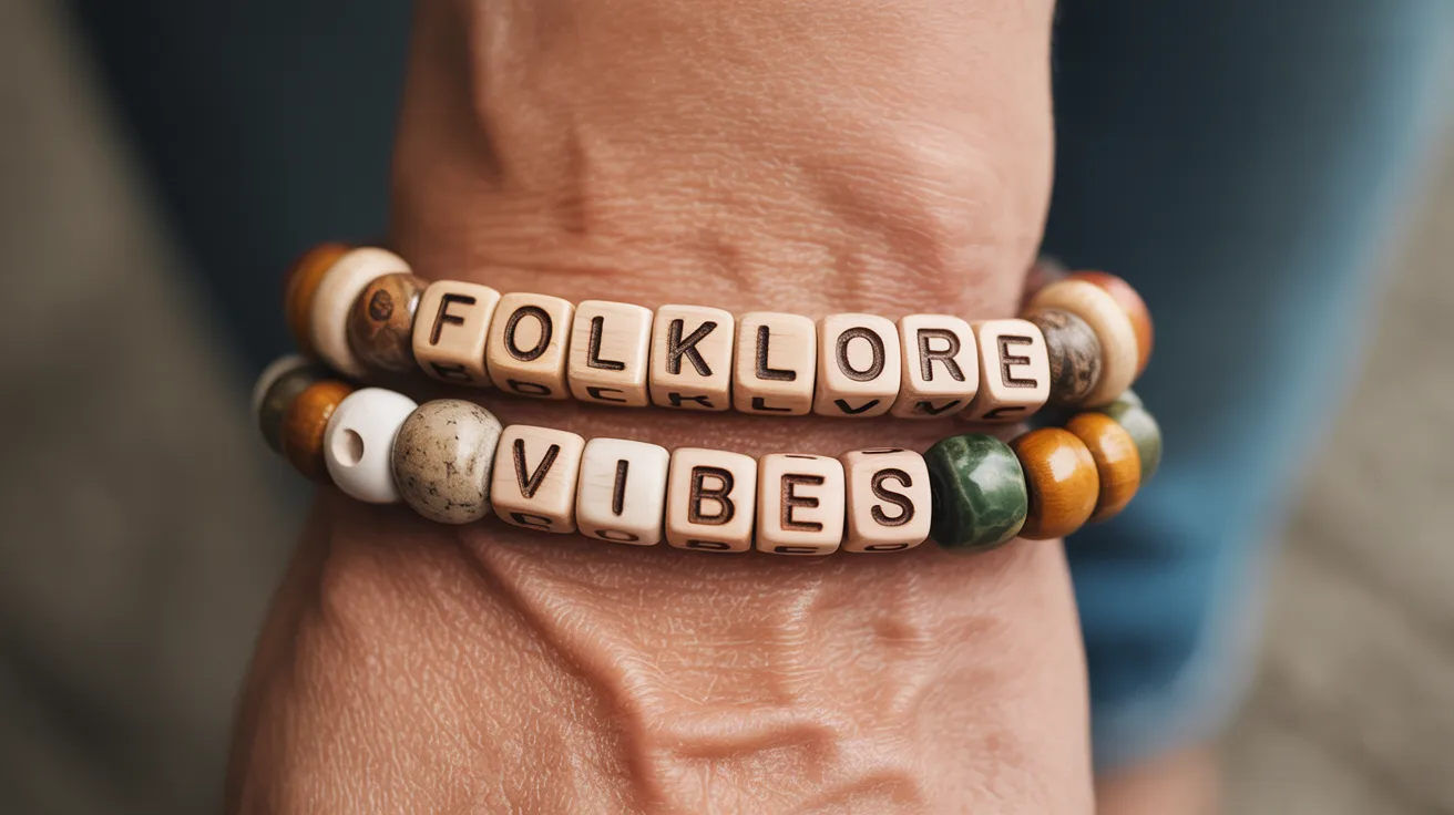 earthy-toned bracelet on wrist with cube beads spelling FOLKLORE VIBES in clear uppercase letters.