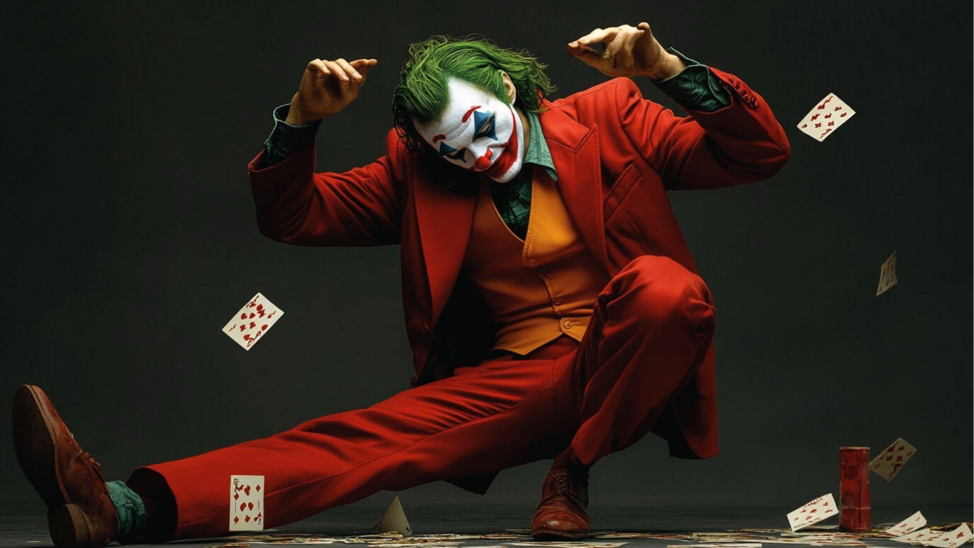 Joker in red suit and yellow vest dancing as playing cards fly around him.