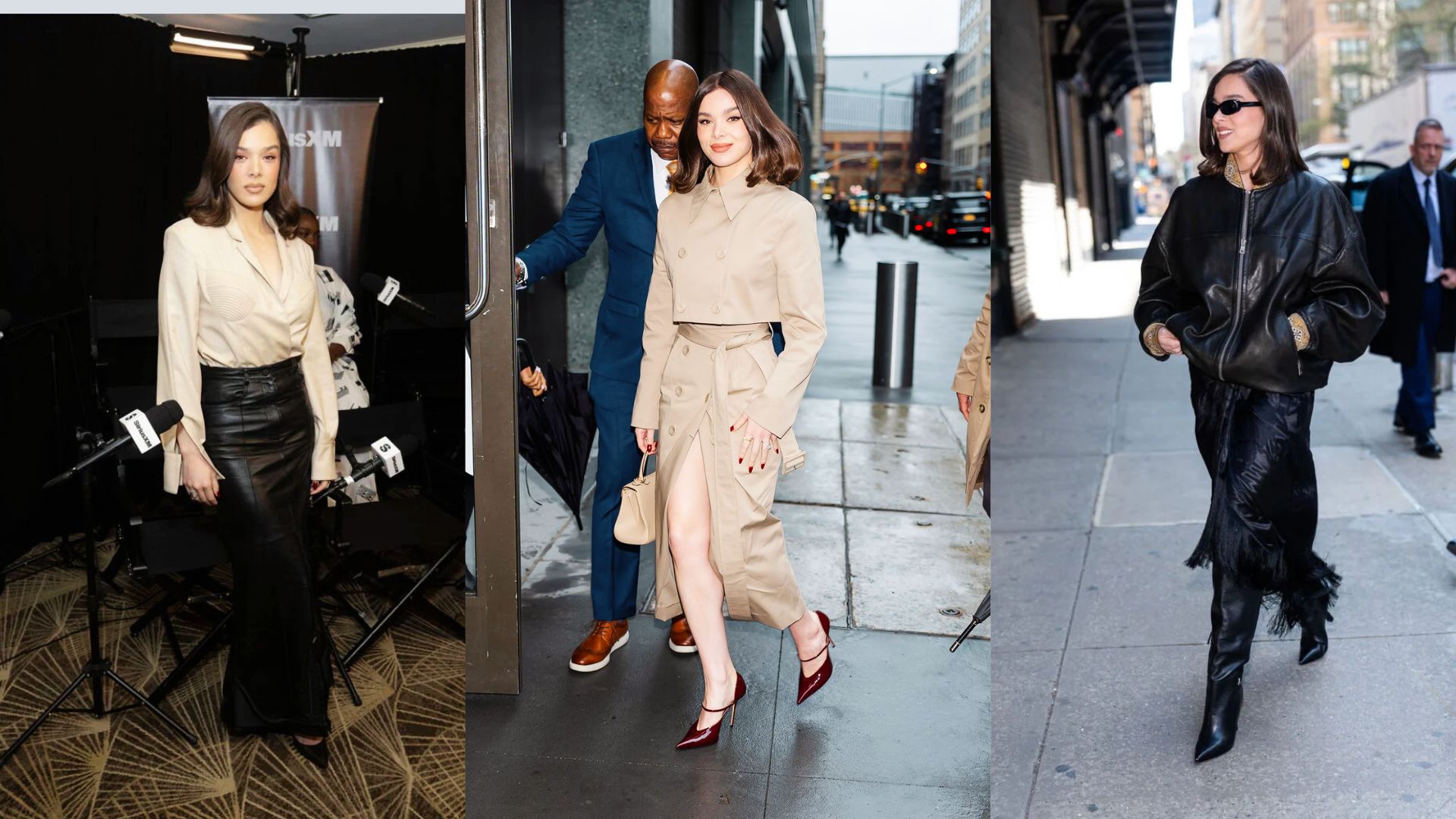 Hailee Steinfeld wearing stylish designer dresses during a New York press tour.