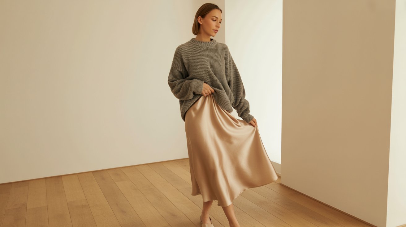 Cozy gray sweater paired elegantly with satin midi skirt in soft neutral fashion aesthetic.