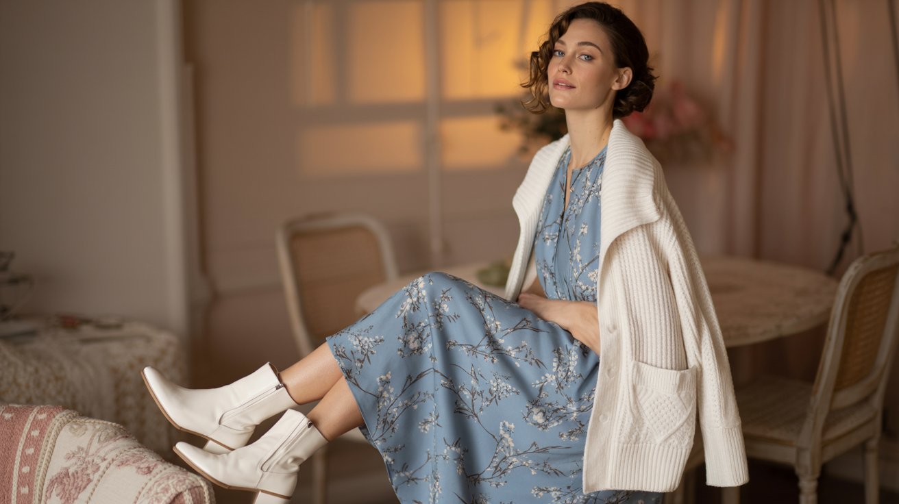 Blue floral midi dress layered with cozy knit cardigan in romantic feminine fashion aesthetic.