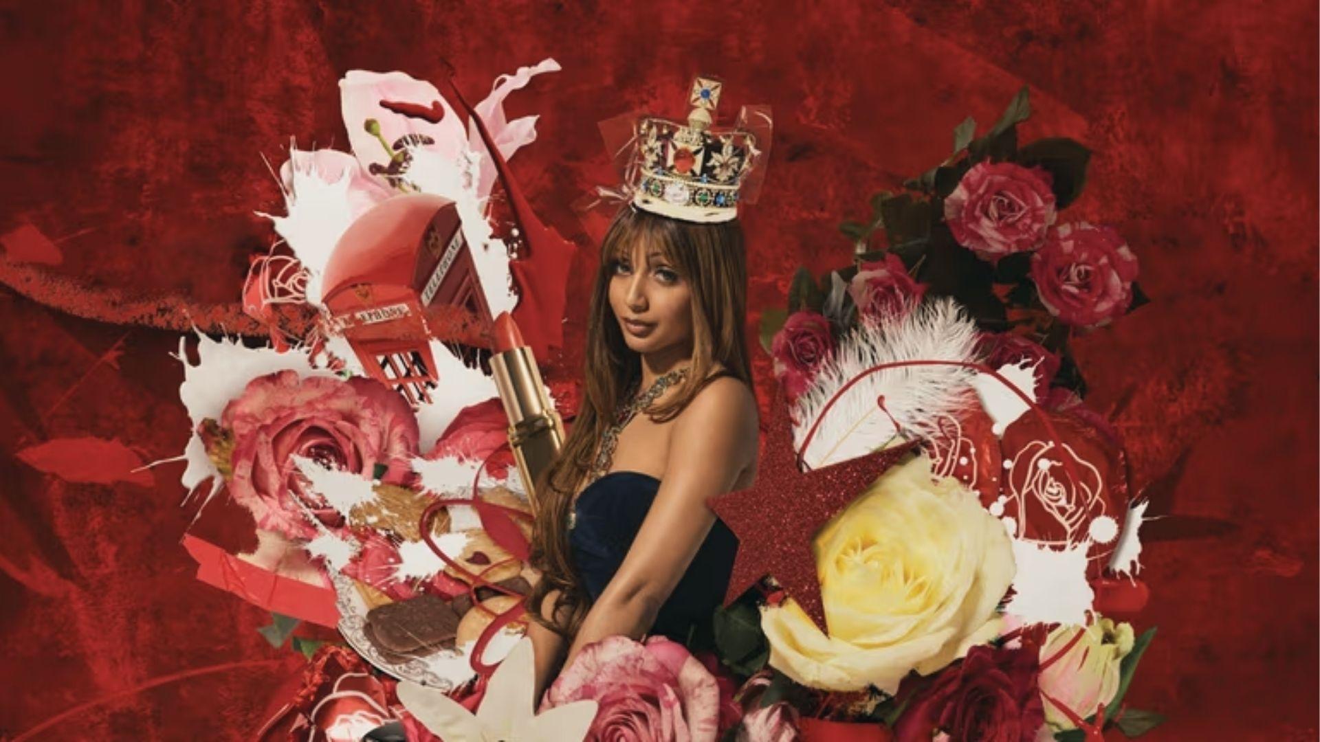 PinkPantheress wears a crown and black strapless dress in red British pop collage.