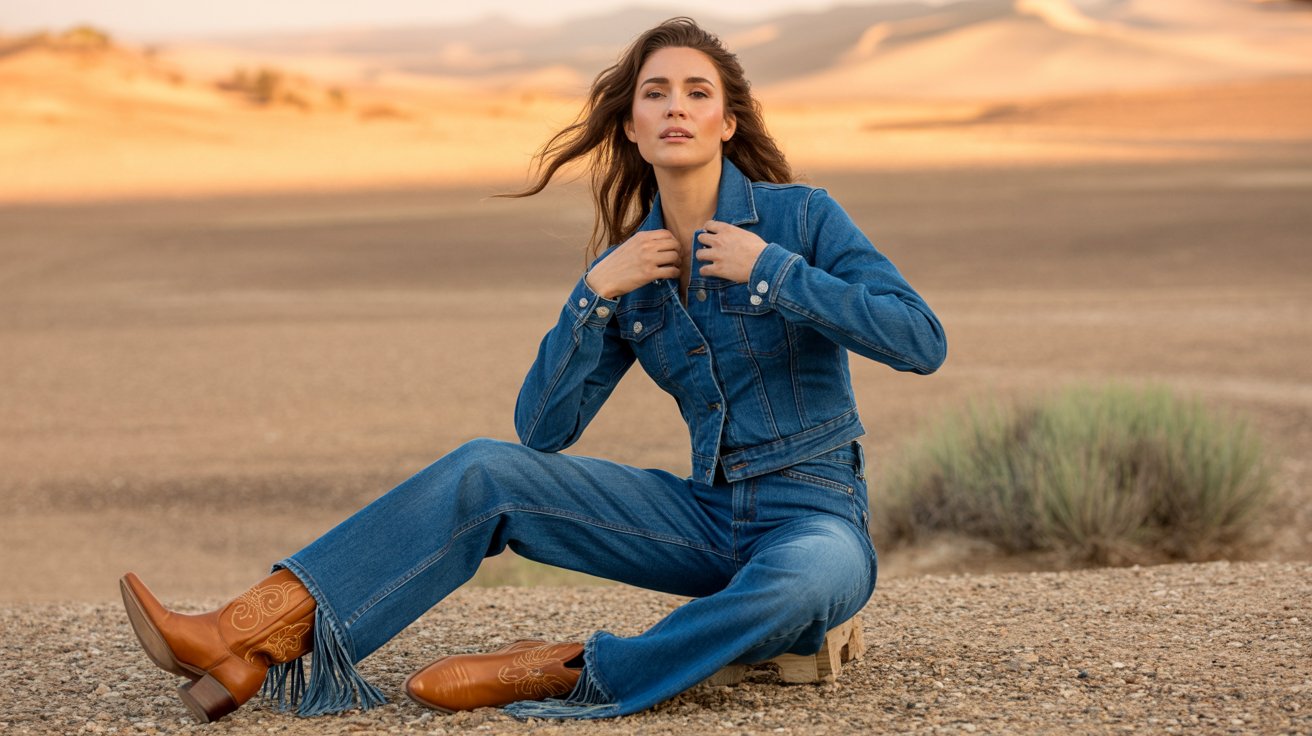 Woman in denim-on-denim cowboy set and boots in a desert-influenced golden hour setting with a bold fashion-forward vibe.
