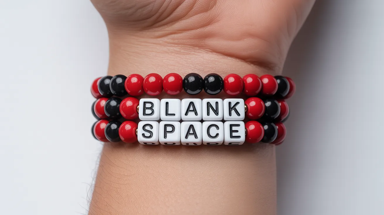 red and black bracelet on wrist with cube beads spelling BLANK SPACE clearly readable.