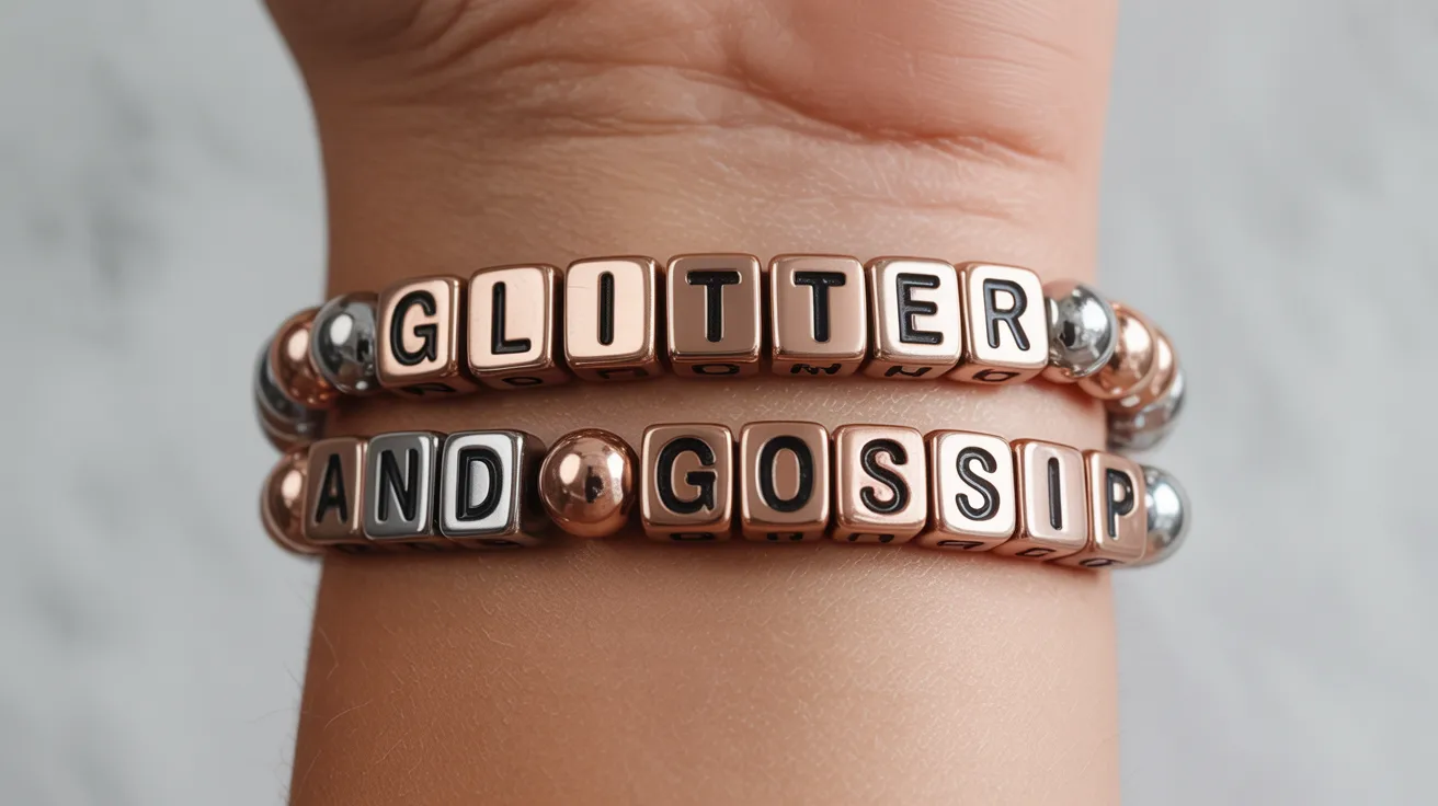 metallic beaded bracelet on wrist with cube letters spelling GLITTER AND GOSSIP clearly.
