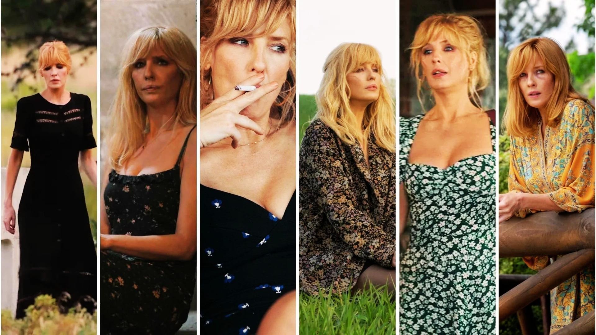 Collage of six Beth Dutton looks black lace dress, floral slips, blazer, and boho wrap dress from Yellowstone.