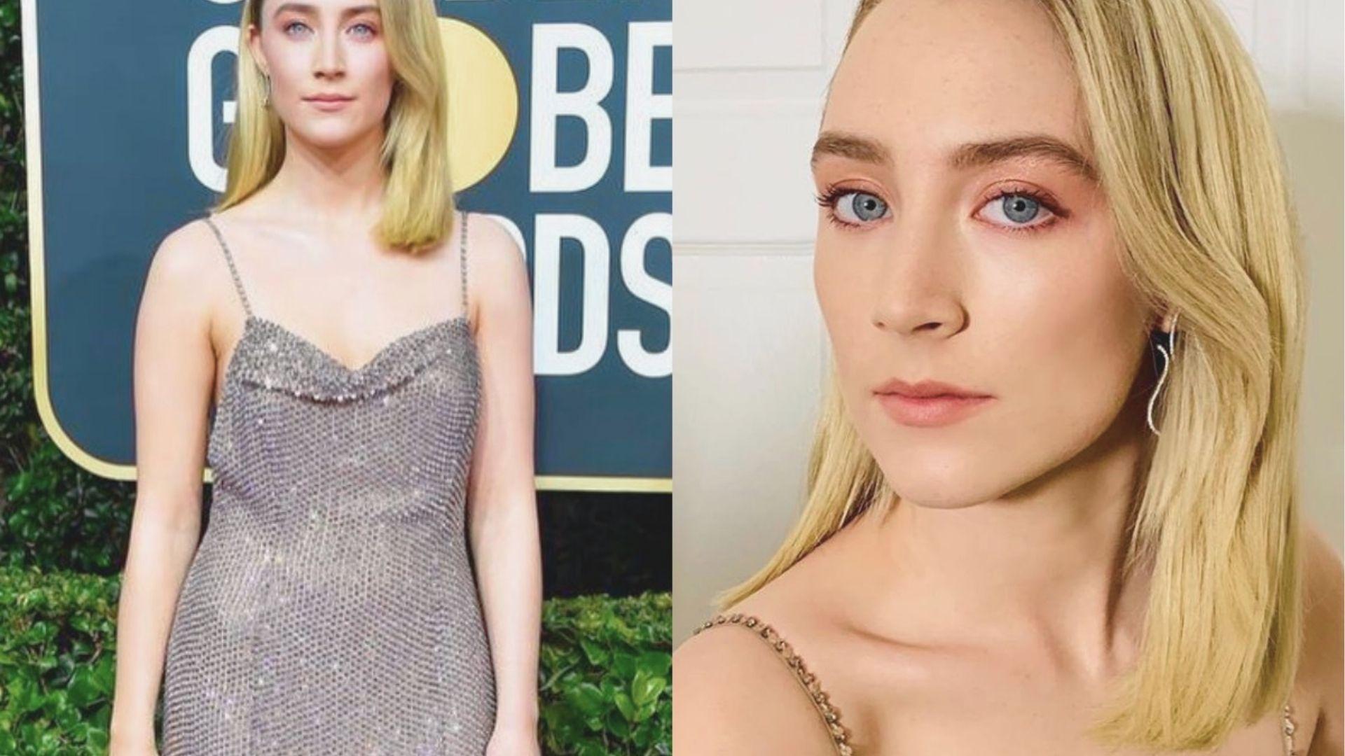 Split image: Saoirse Ronan in a chainmail gown on the red carpet next to a close-up of her face.
