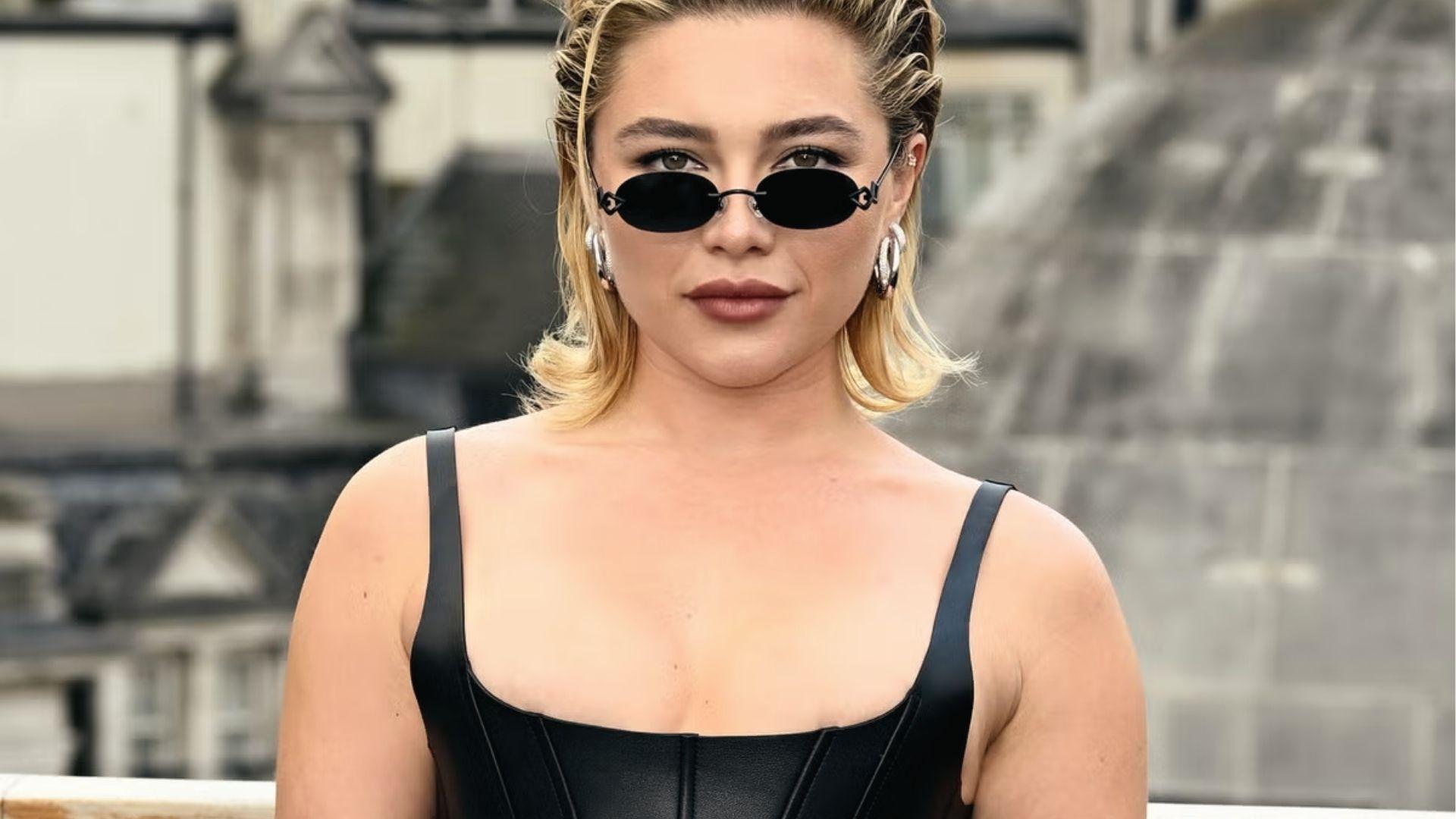 Florence Pugh stuns in edgy black leather cutout dress at Thunderbolts event.