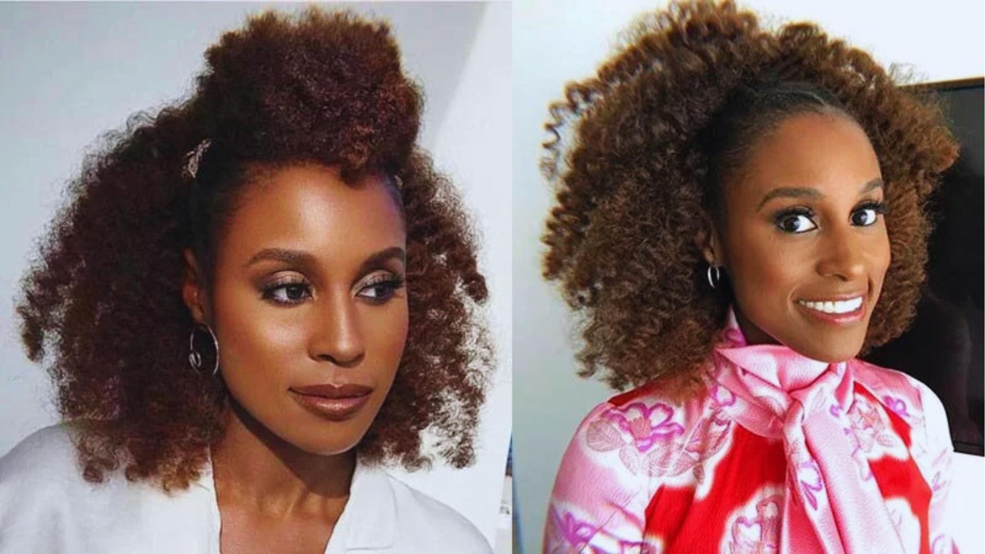 Split image of Issa Rae rocking two curly afro styles: voluminous side part and high rounded shape.