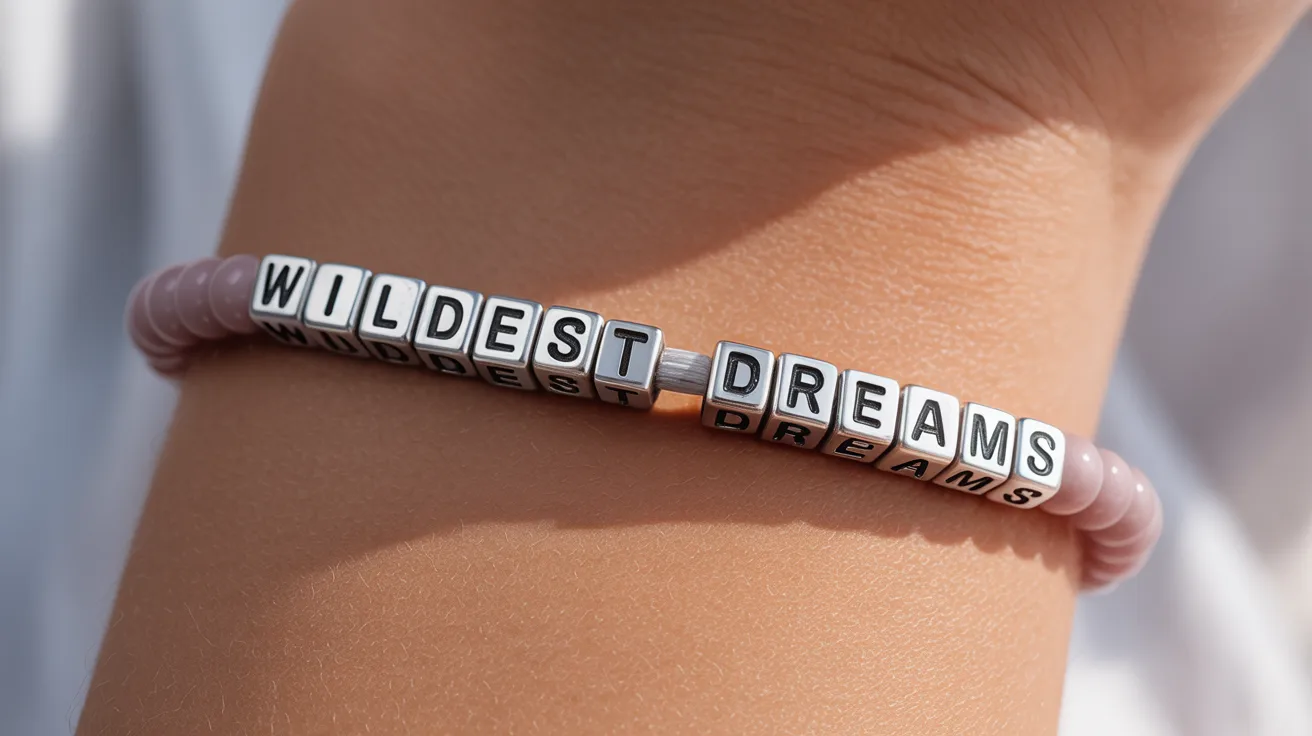 wrist wearing a silver and dusty pink bracelet with cube beads spelling WILDEST DREAMS clearly.
