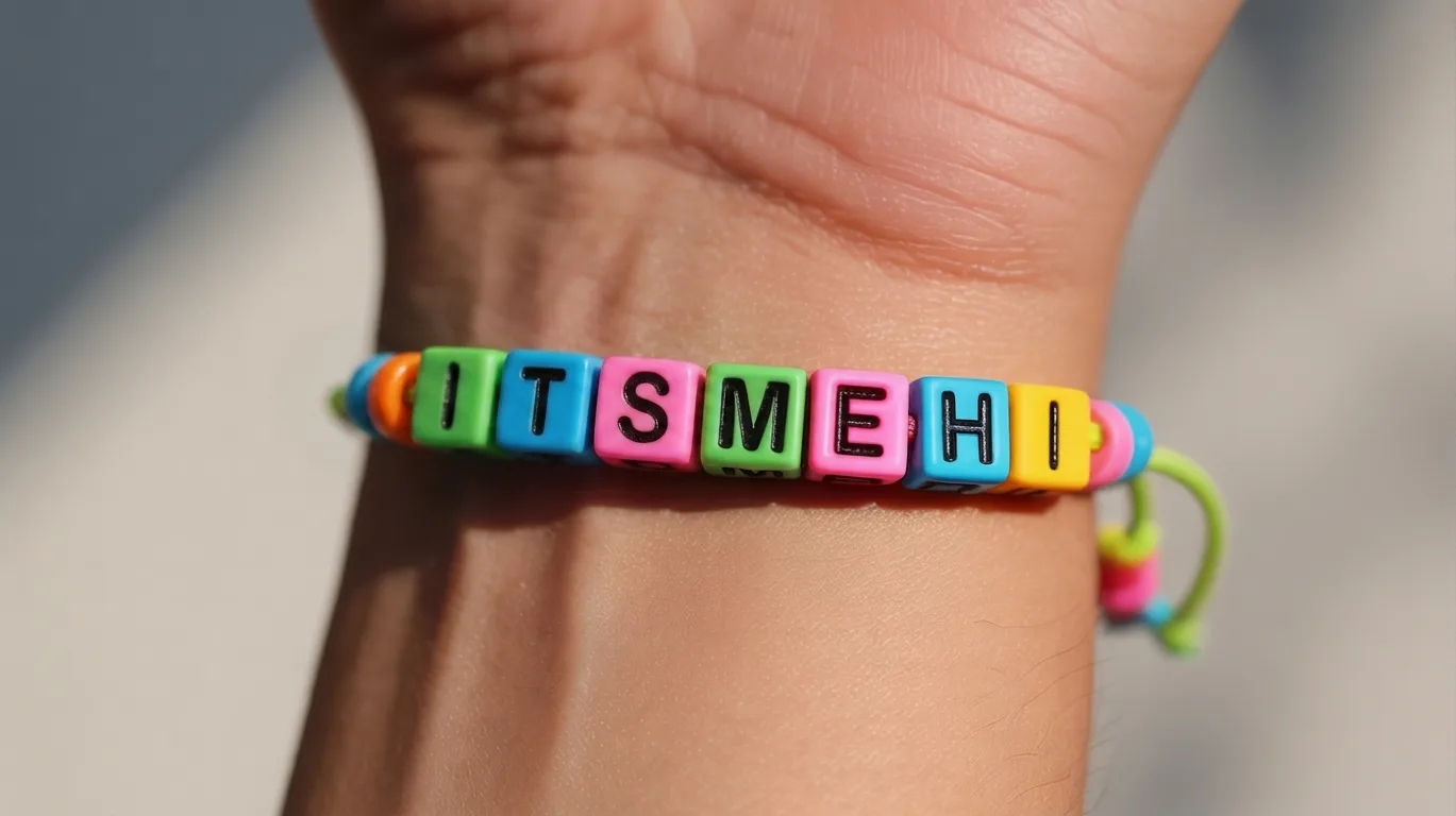 bright beaded bracelet on wrist with cube letter beads spelling ITS ME HI clearly in uppercase.