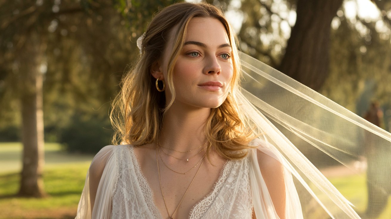 Elegant bride wearing simple lace wedding gown with soft boho styling and natural romantic beauty.