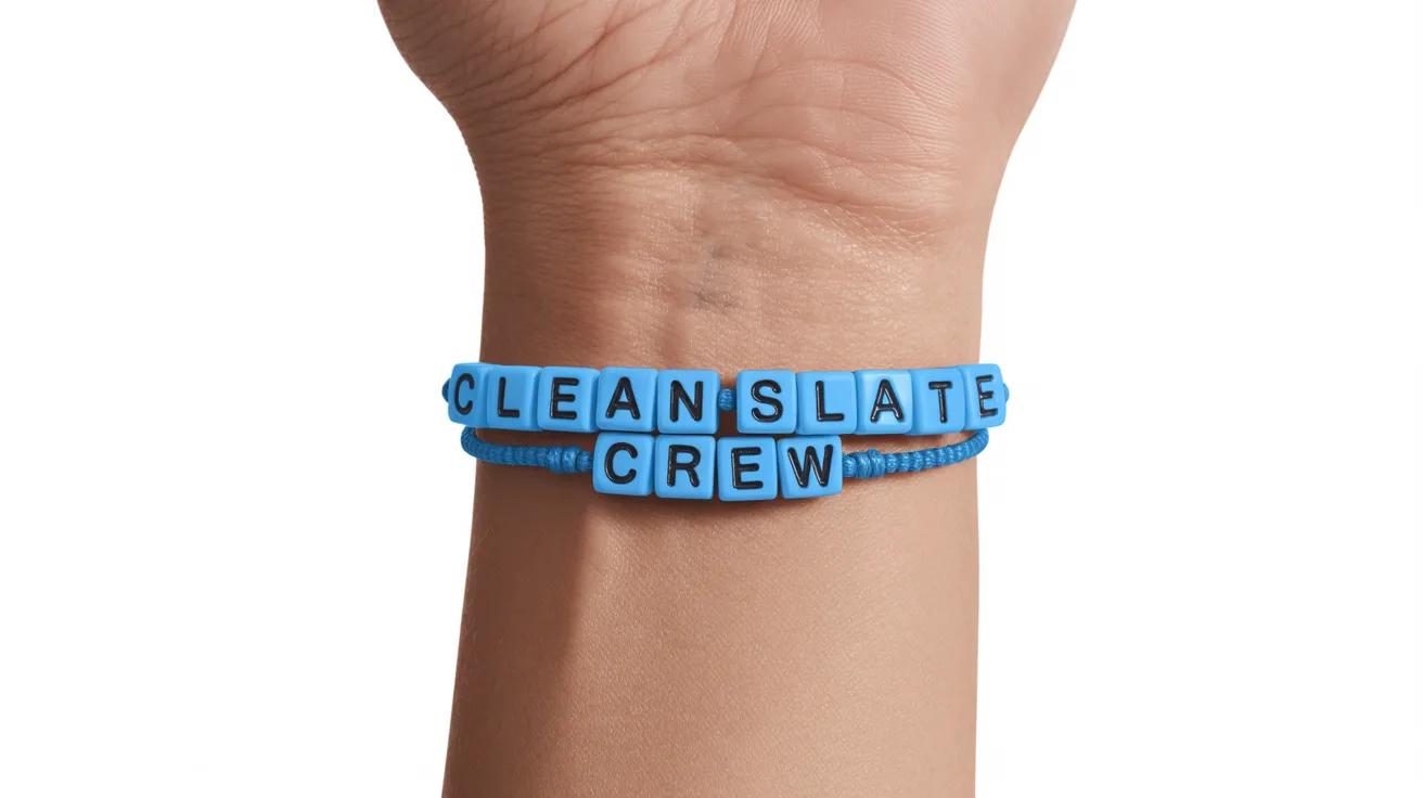 light blue bracelet on wrist with cube beads spelling CLEAN SLATE CREW in uppercase.
