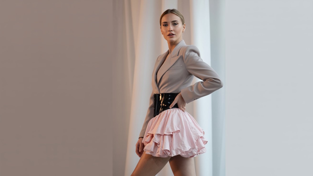 Structured top paired with pastel ruffled mini skirt in chic feminine fashion styling beautifully.