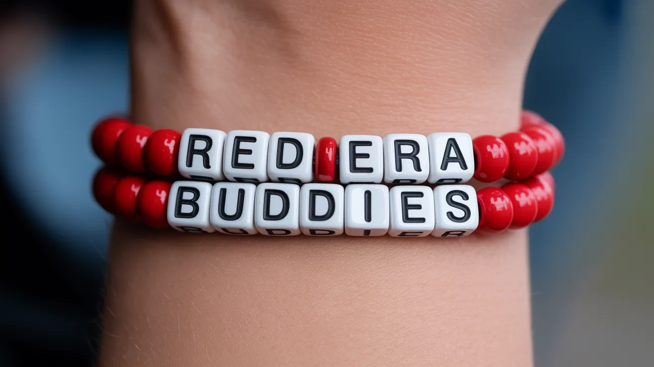 red beaded bracelet on wrist with cube letters spelling RED ERA BUDDIES clearly visible.