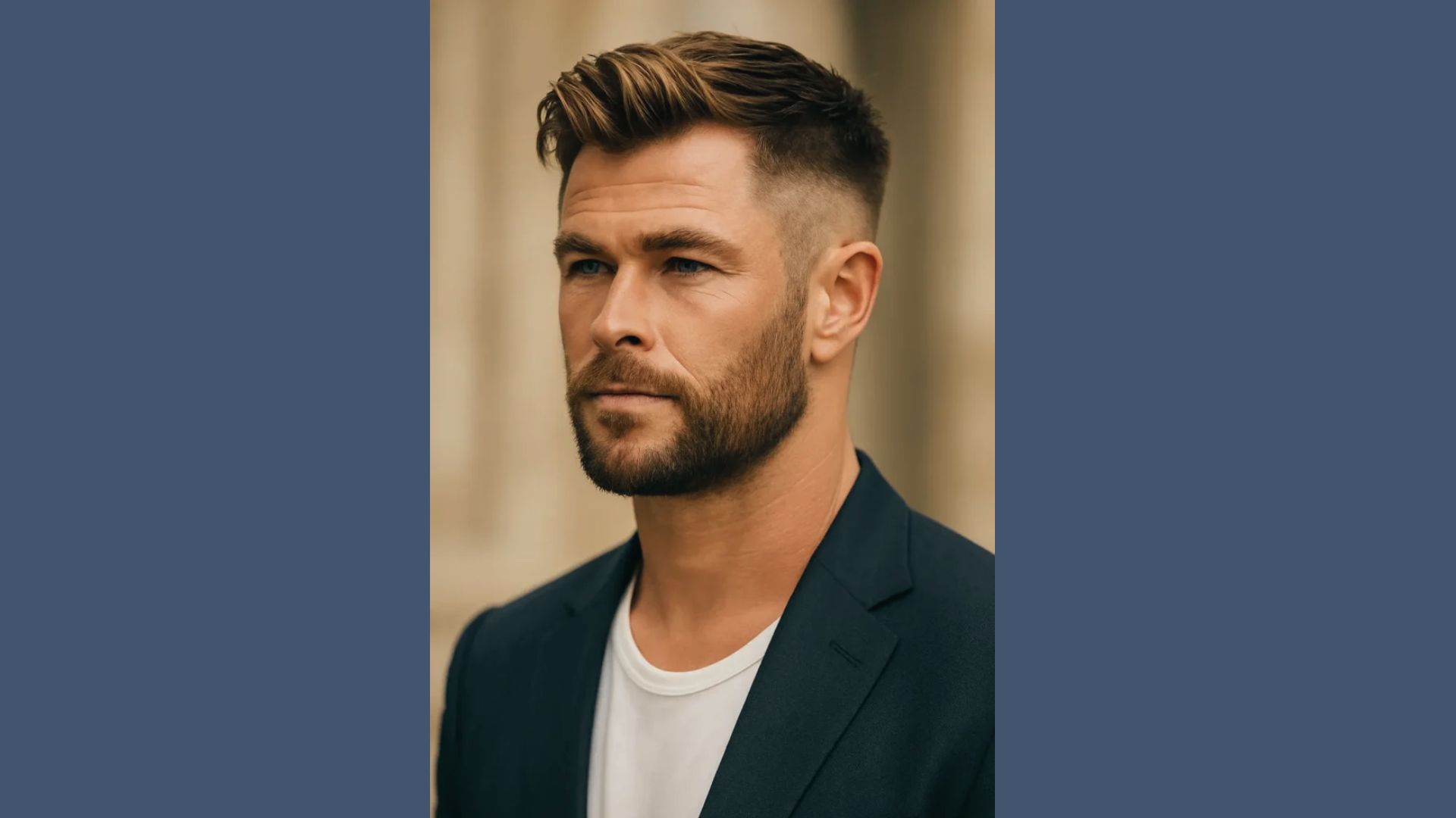 Chris Hemsworth with a beard wearing a Coat, showcasing a tight fade haircut with a textured top, hairstyle for inspiration.