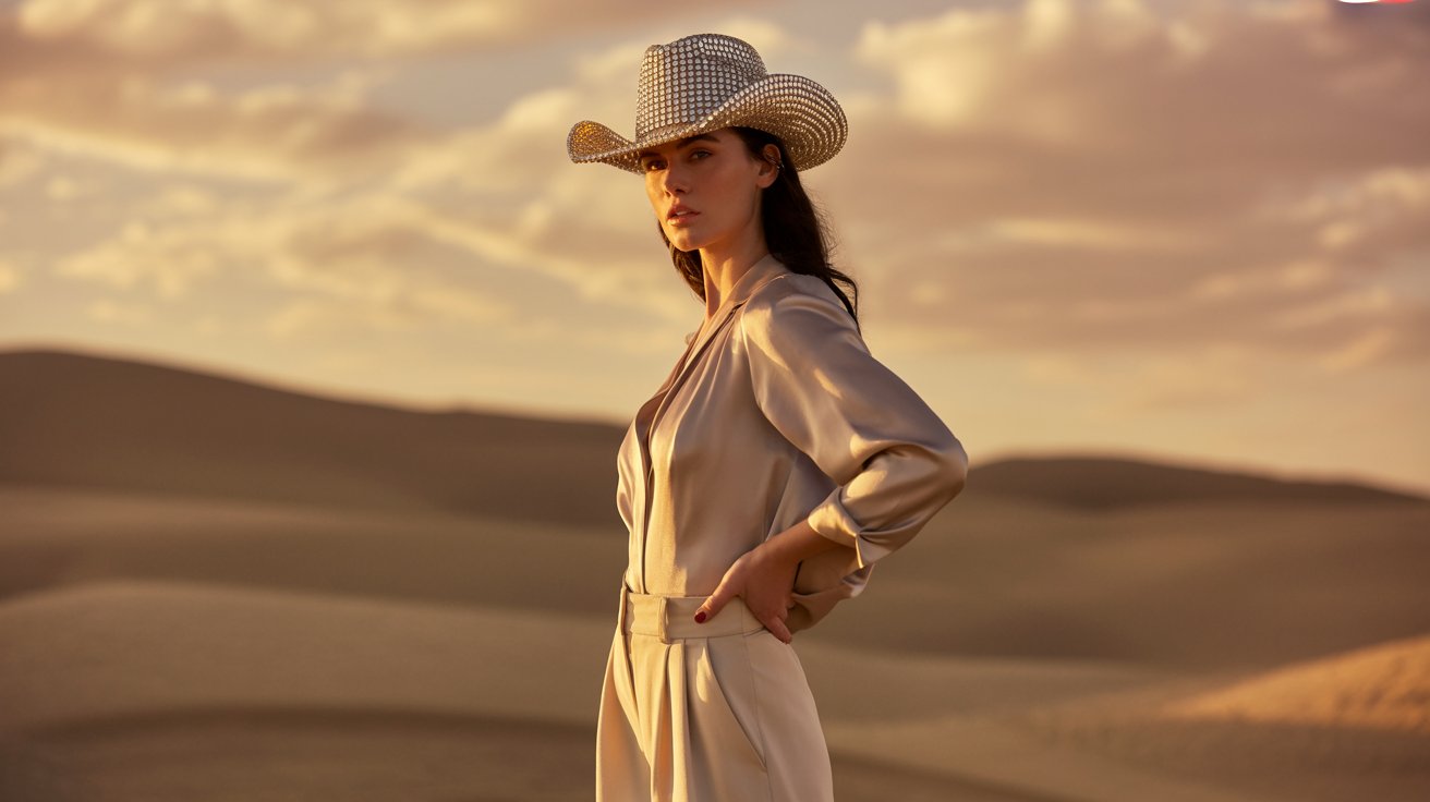 Woman in neutral outfit with rhinestone cowboy hat in a golden-hour desert setting with an elegant Western glam vibe.