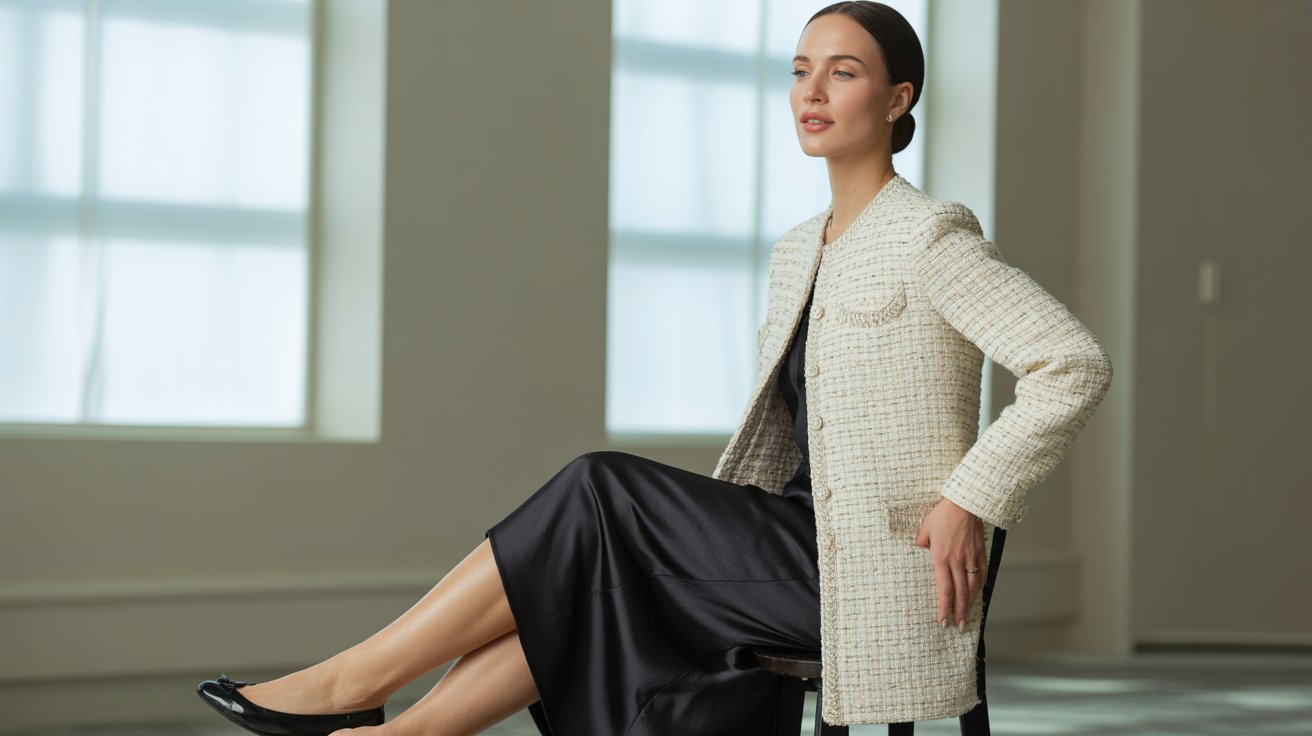 Cream tweed cardigan paired stylishly with black satin skirt and elegant ballet flats indoors.