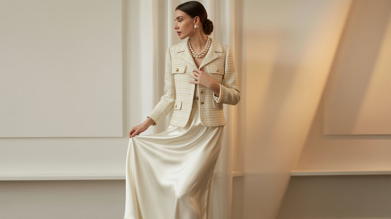 Elegant cream tweed jacket styled with flowing white maxi skirt and pearl accessories beautifully.