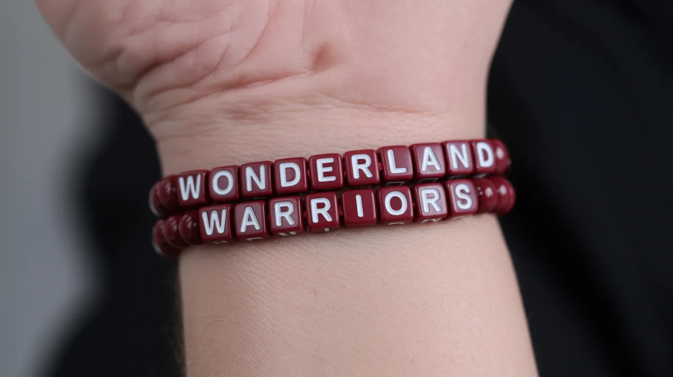 deep red bracelet on wrist with cube beads spelling WONDERLAND WARRIORS in bold uppercase.