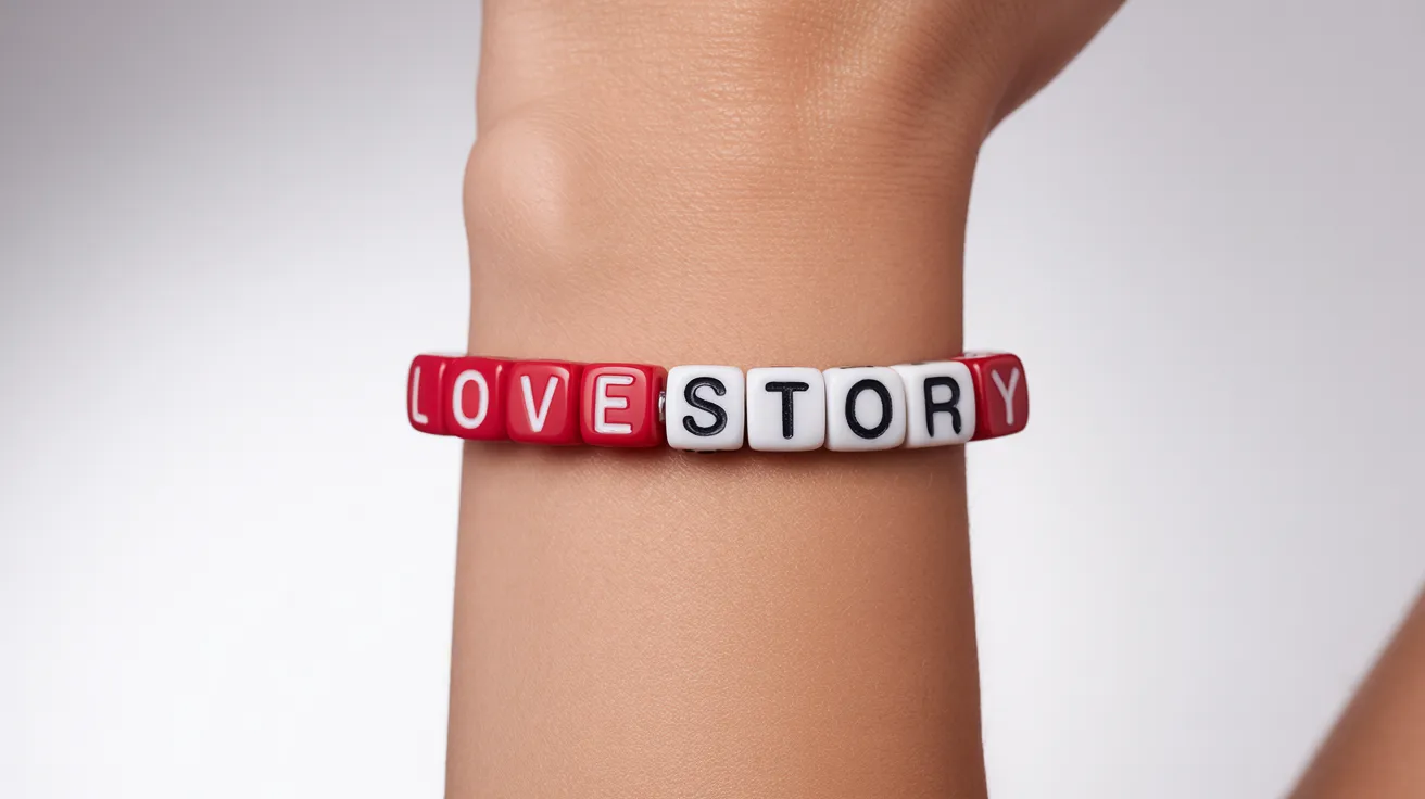 wrist close-up showing a red and white beaded bracelet with block letter beads spelling LOVE STORY clearly in uppercase.
