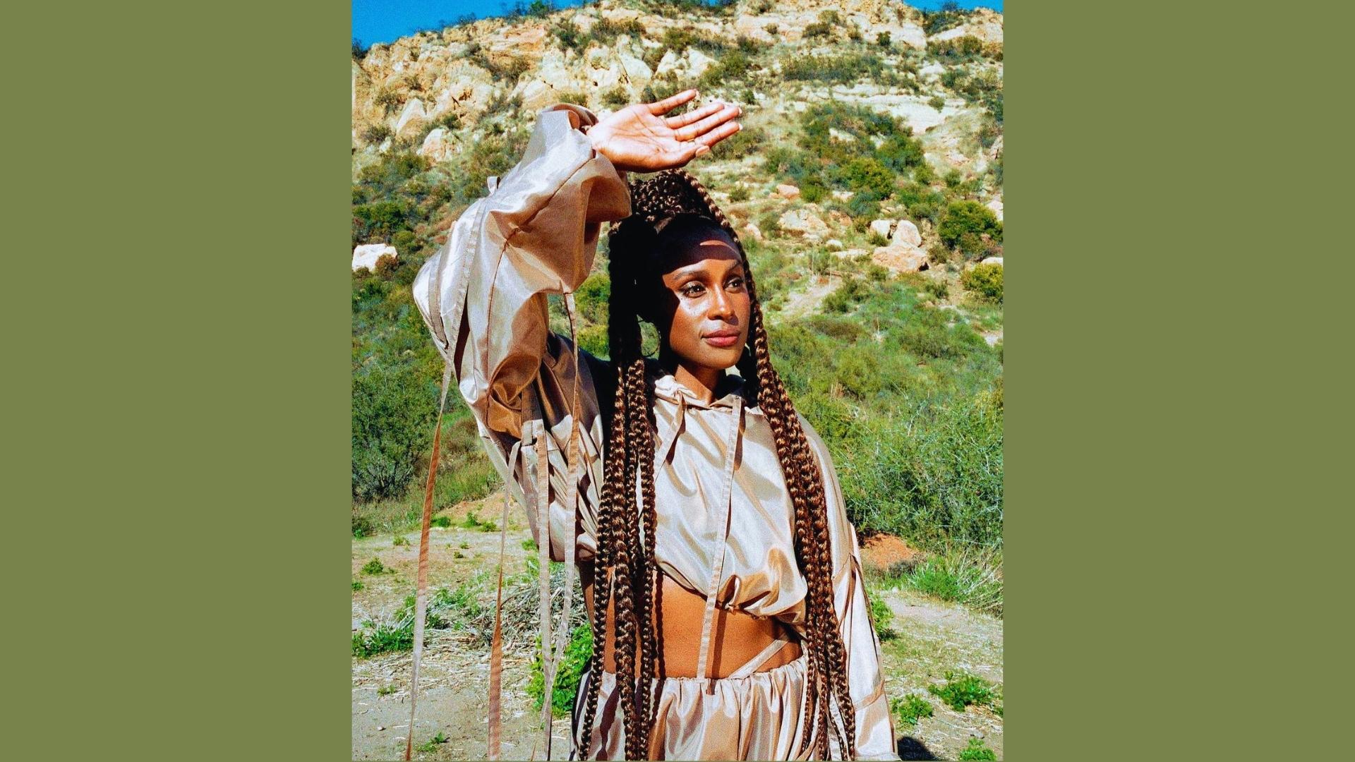 Issa Rae poses outdoors with waist-length box braids styled half-up, wearing a metallic cropped set.