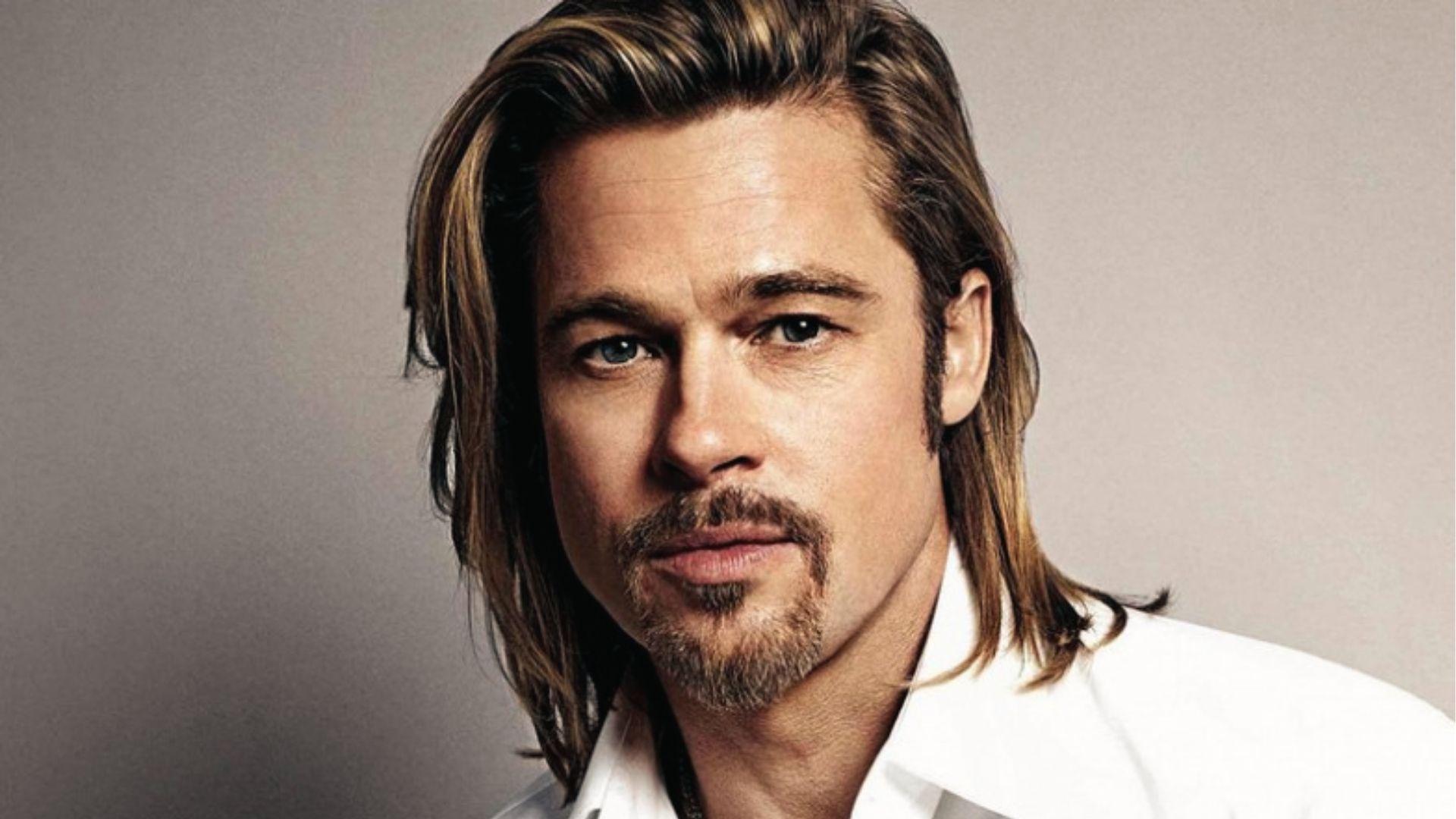 Brad Pitt studio shot, sleek medium length hair with side part, white shirt and goatee