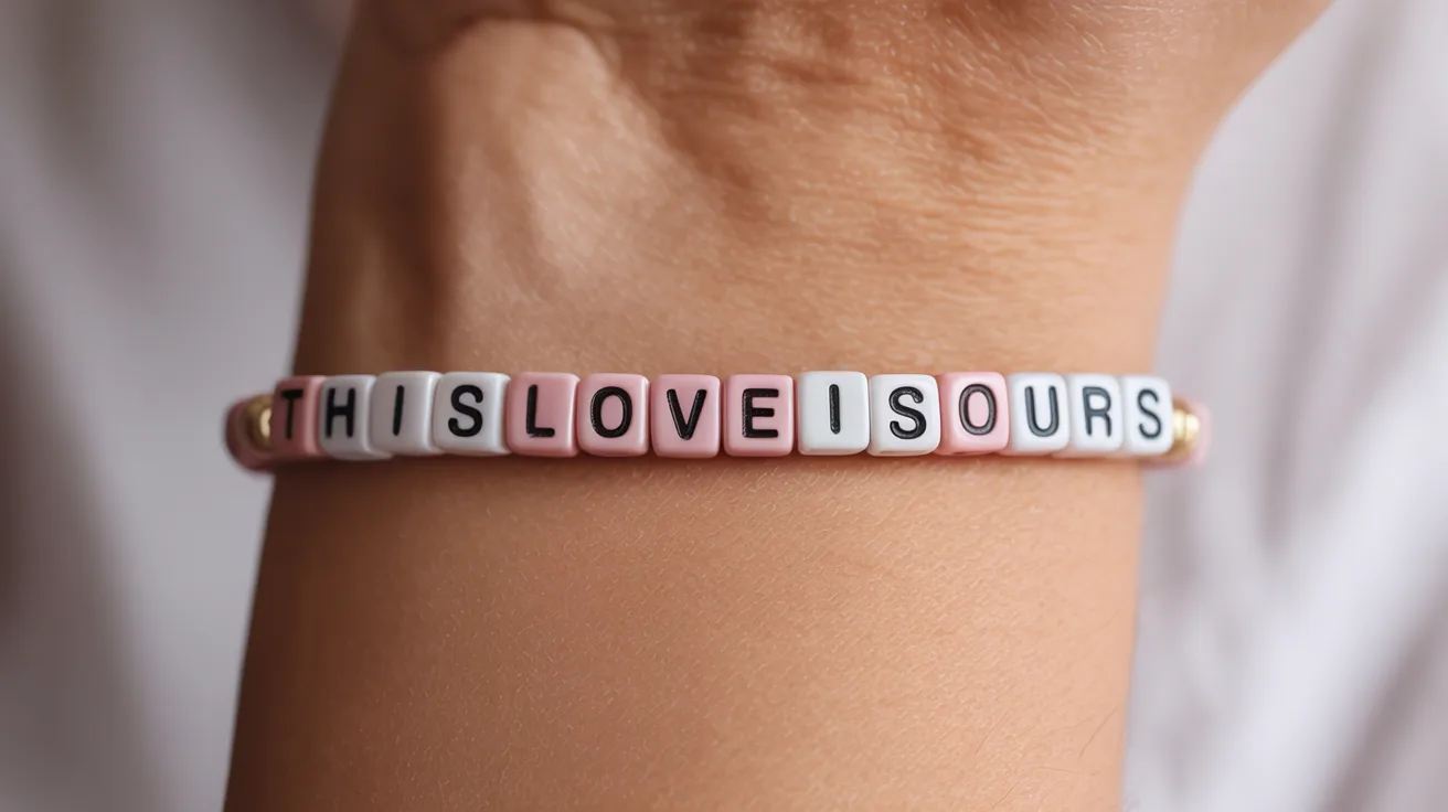 pink and white bracelet on wrist with cube beads spelling THIS LOVE IS OURS in bold readable letters.