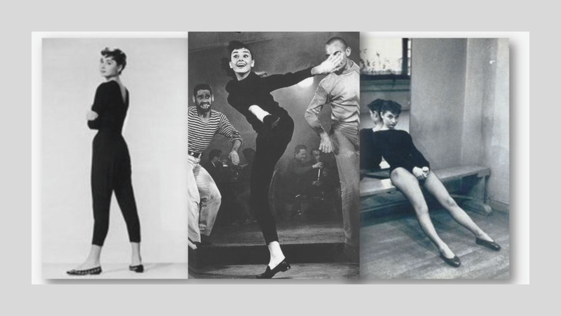 Triptych of Audrey Hepburn in fitted black dancewear: posing in a leotard, mid-kick while dancing, and seated in a ballet studio.