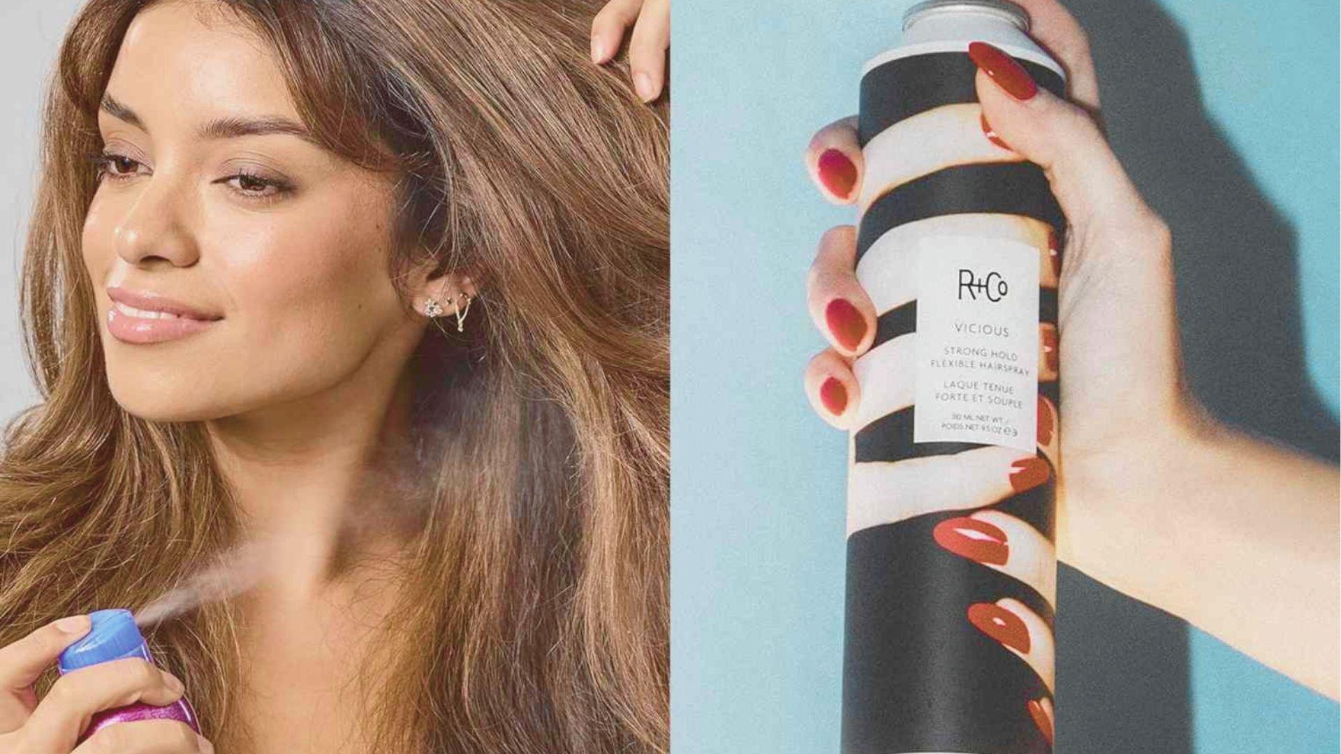 Split image: Woman spraying volumizing product on bouncy, layered hair beside a hand holding R+Co hairspray.