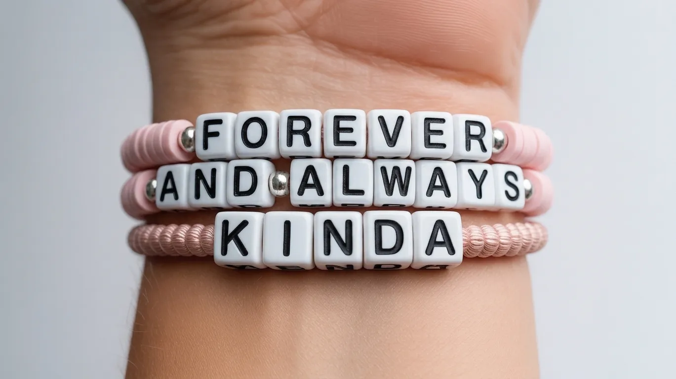 soft pink bracelet on wrist with cube beads spelling FOREVER AND ALWAYS KINDA clearly.