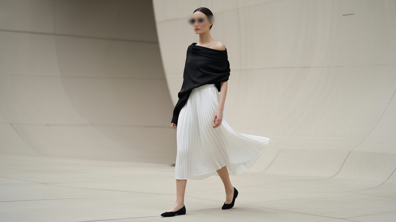 2. Black Off-Shoulder Top With White Pleated Midi Skirt