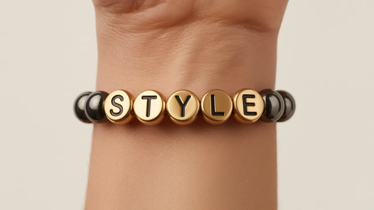 minimal black and gold bracelet on wrist with cube beads spelling STYLE in sharp uppercase lettering.