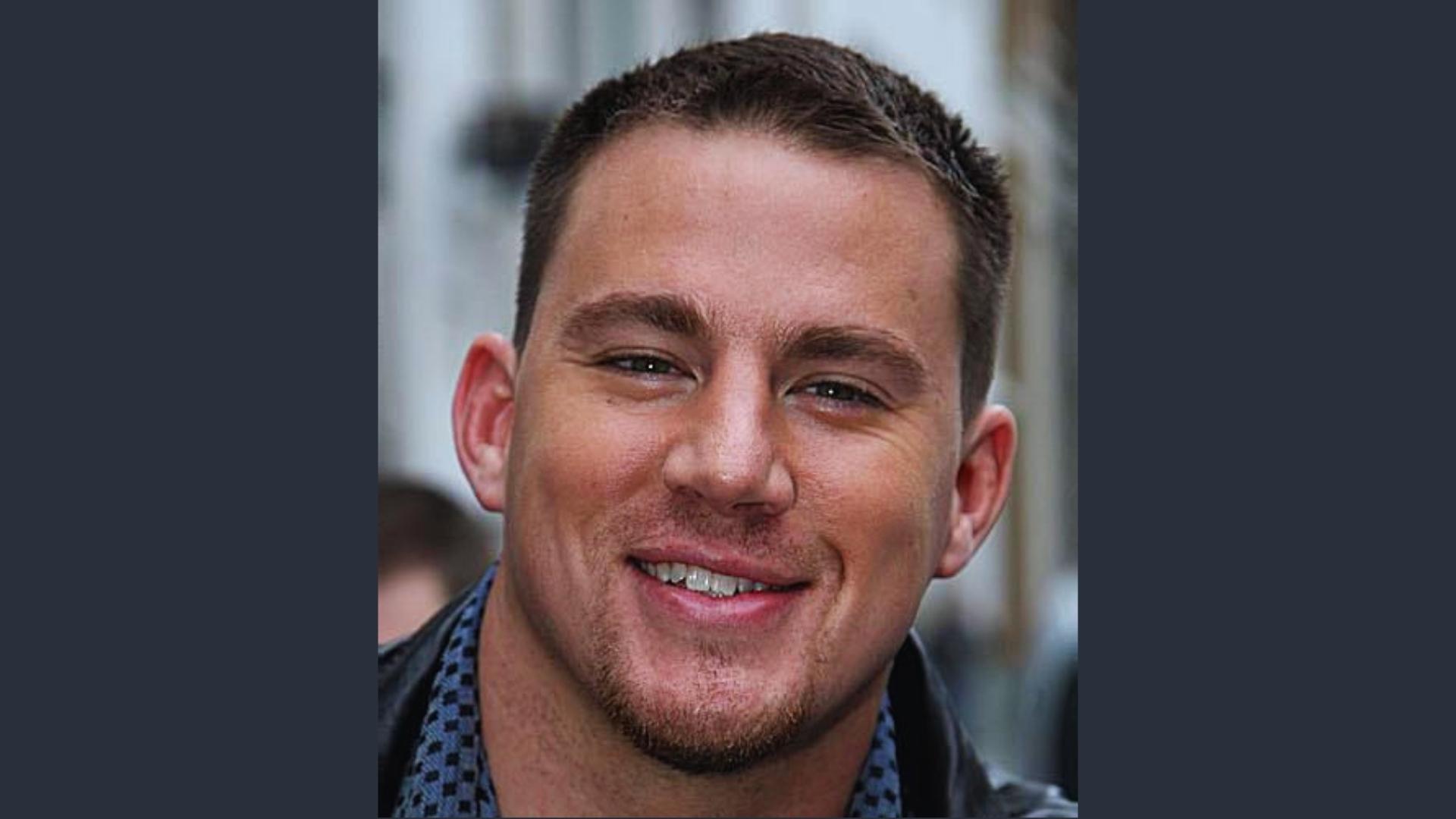 Channing Tatum sports a classic crew cut with slightly longer top and faded sides, smiling in a patterned shirt.
