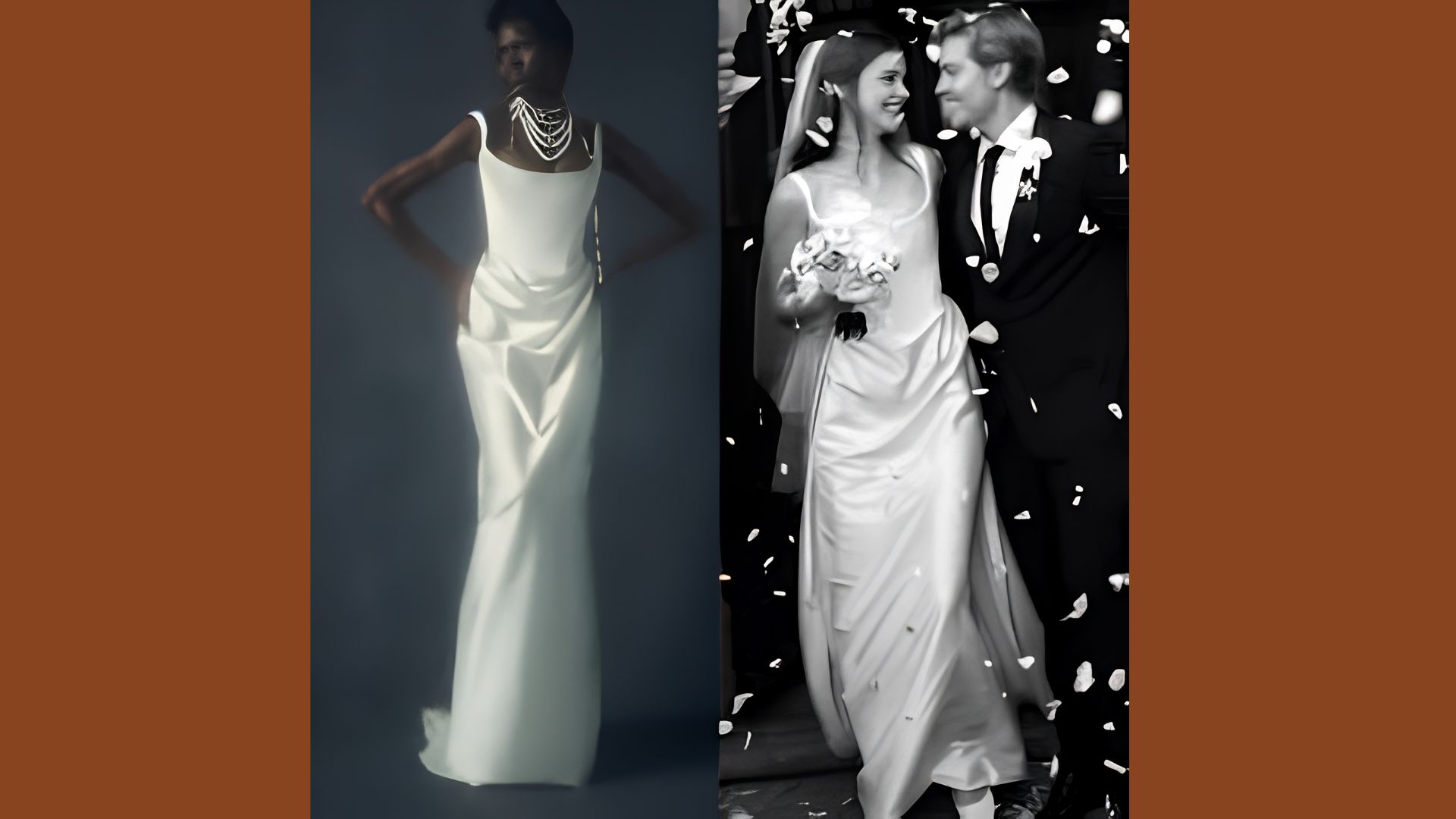 Bride wearing a custom wedding dress designed by Vivienne Westwood with elegant bridal styling and classic details.