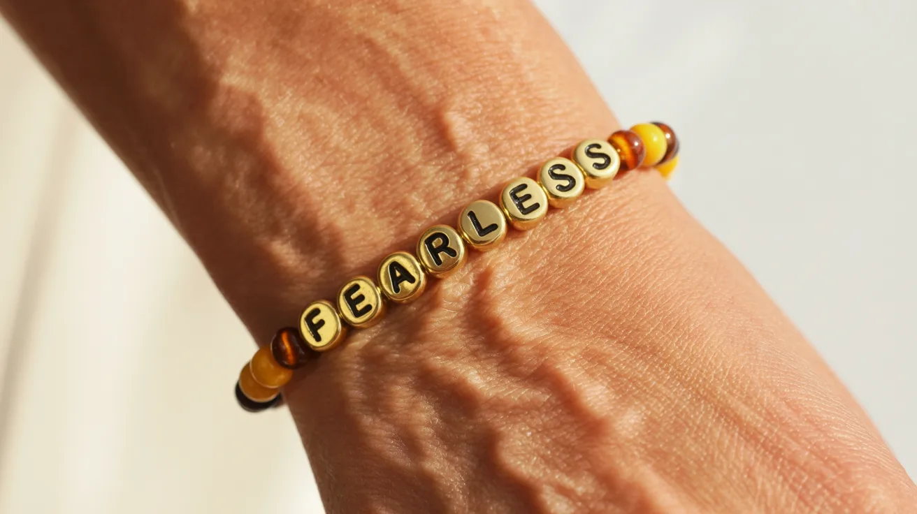 close-up of a wrist wearing a gold and yellow beaded bracelet with clear cube letters spelling FEARLESS in bold uppercase.