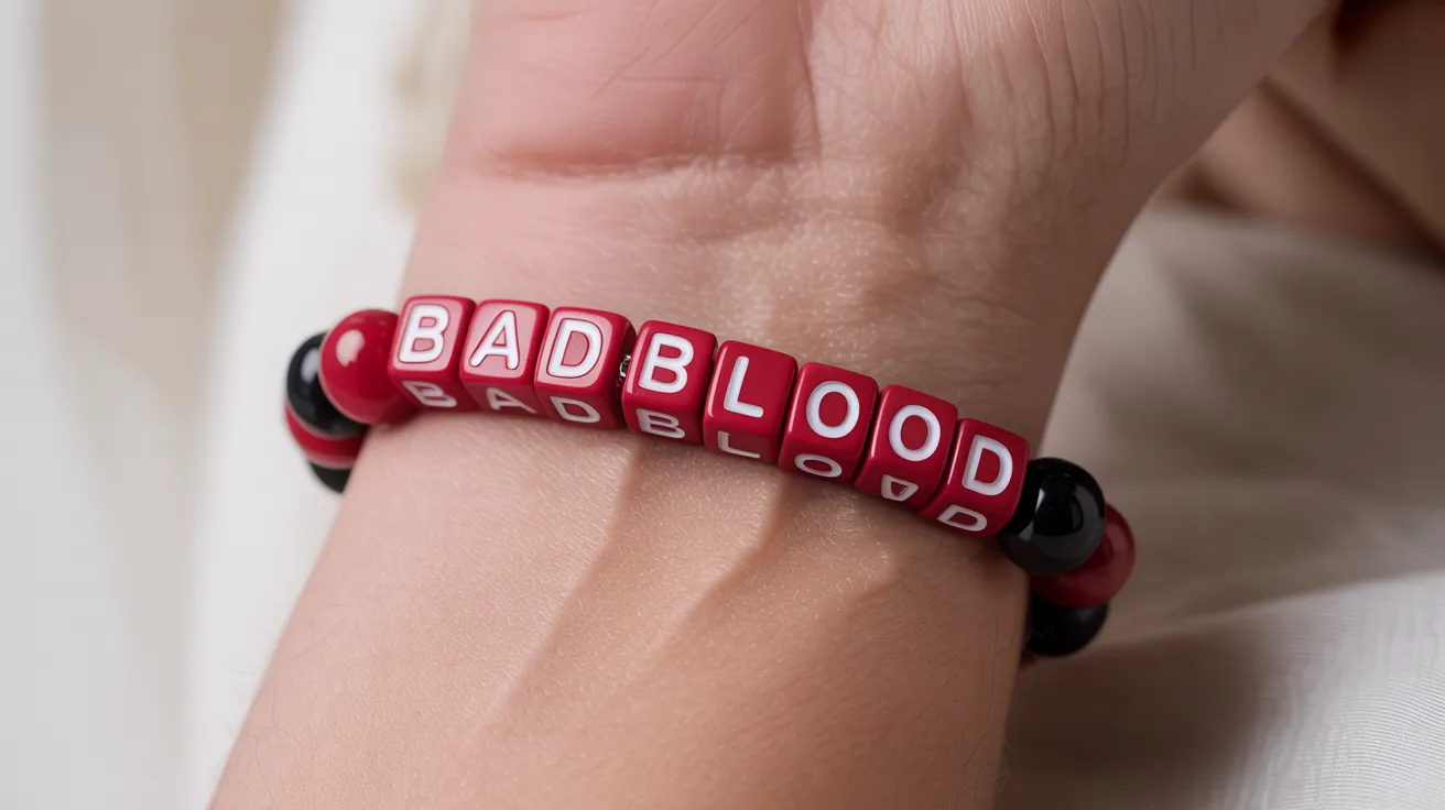 wrist close-up with red and black bracelet featuring cube beads spelling BAD BLOOD clearly.