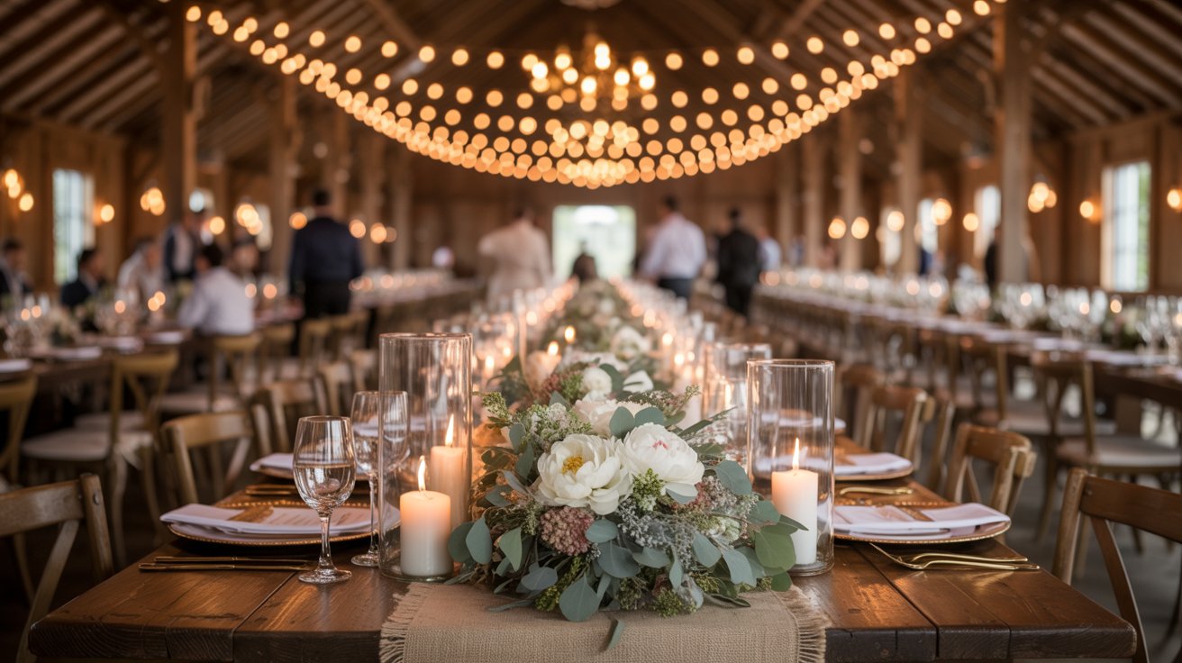 Rustic luxury wedding decor with candlelight, wooden accents, linen textures, and elegant floral centerpieces.