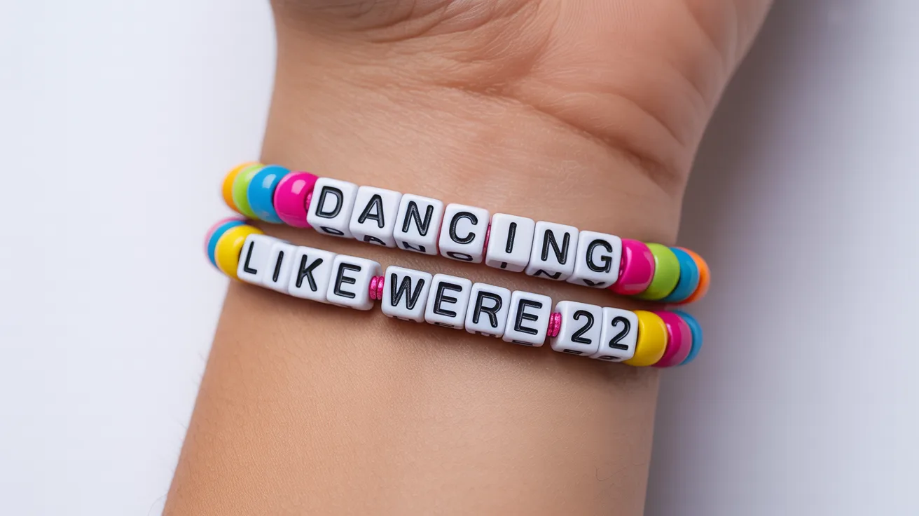 bright colorful bracelet on wrist with cube beads spelling DANCING LIKE WERE 22 in uppercase.