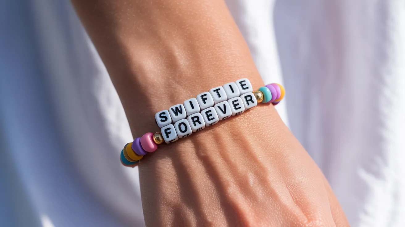 colorful beaded bracelet on wrist featuring cube letters spelling SWIFTIE FOREVER clearly in uppercase.